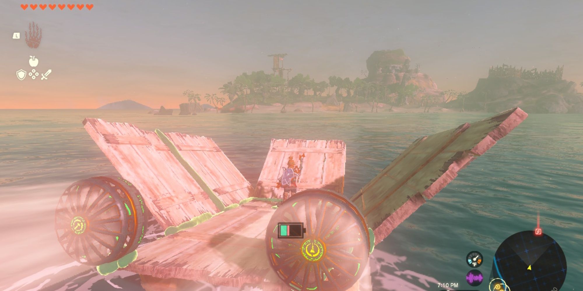 Link going to Eventide Island in TOTK in a janky boat