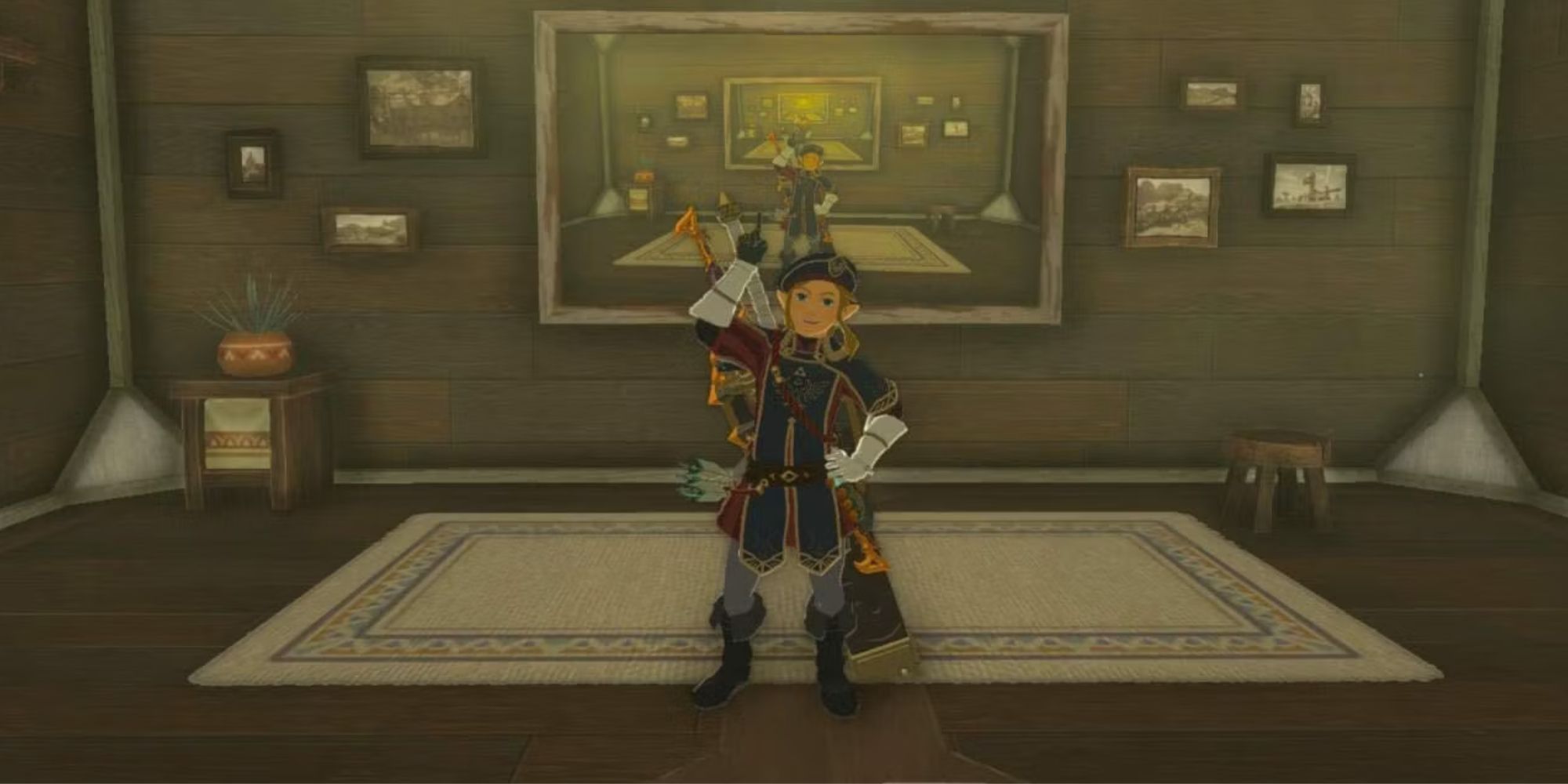 Link in armor posing in front of a painting