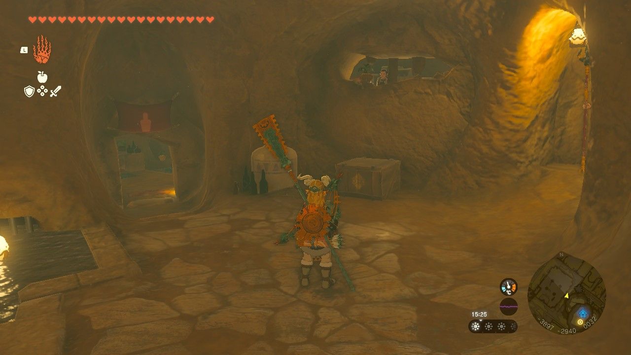 Link looking at the jail with the entrance to the storeroom on the left in The Legend of Zelda Tears of the Kingdom