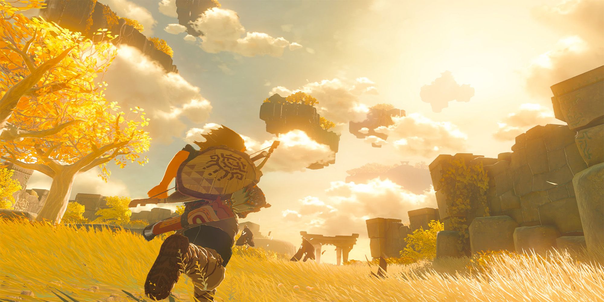 Link running under sky islands in The Legend of Zelda: Tears of the Kingdom