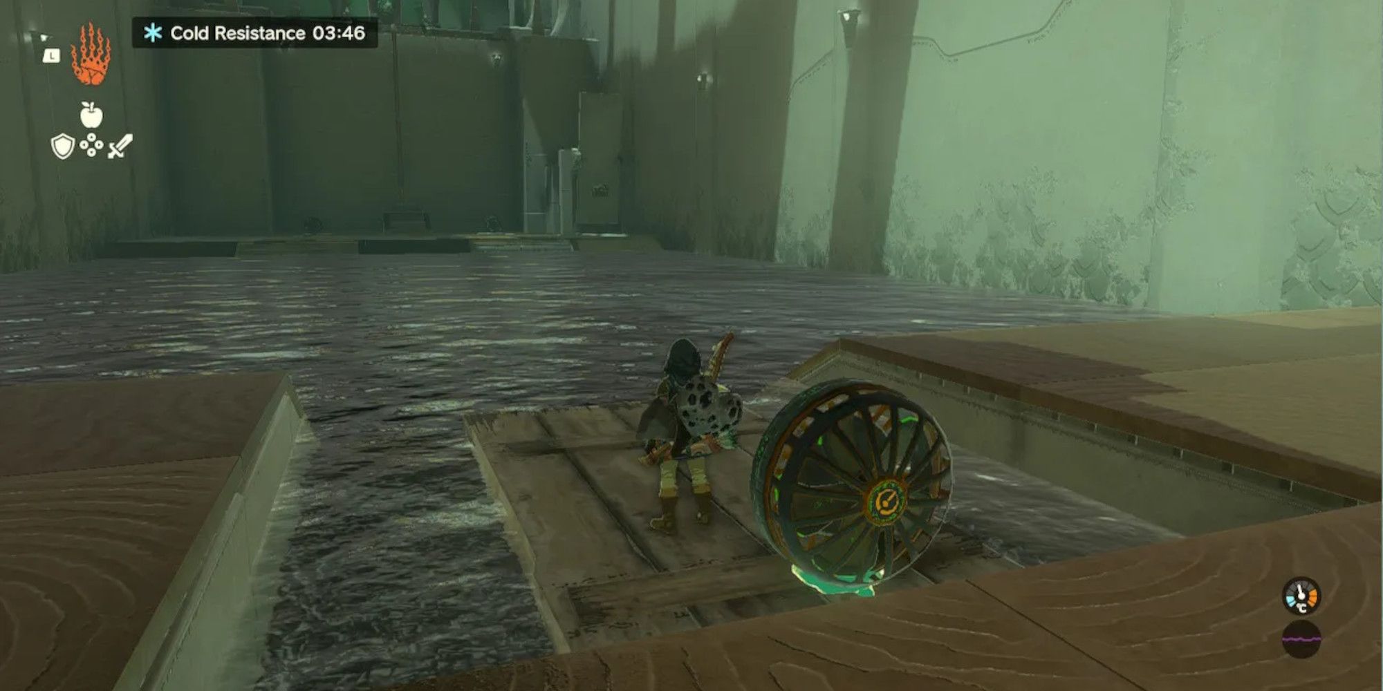 Link standing in on a raft in the Ishodag shrine in Legend of Zelda: Tears of the Kingdom