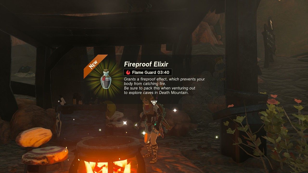 link using a cooking pot in eldin to make a fireproof elixir in the legend of zelda tears of the kingdom fireproof totk death mountain