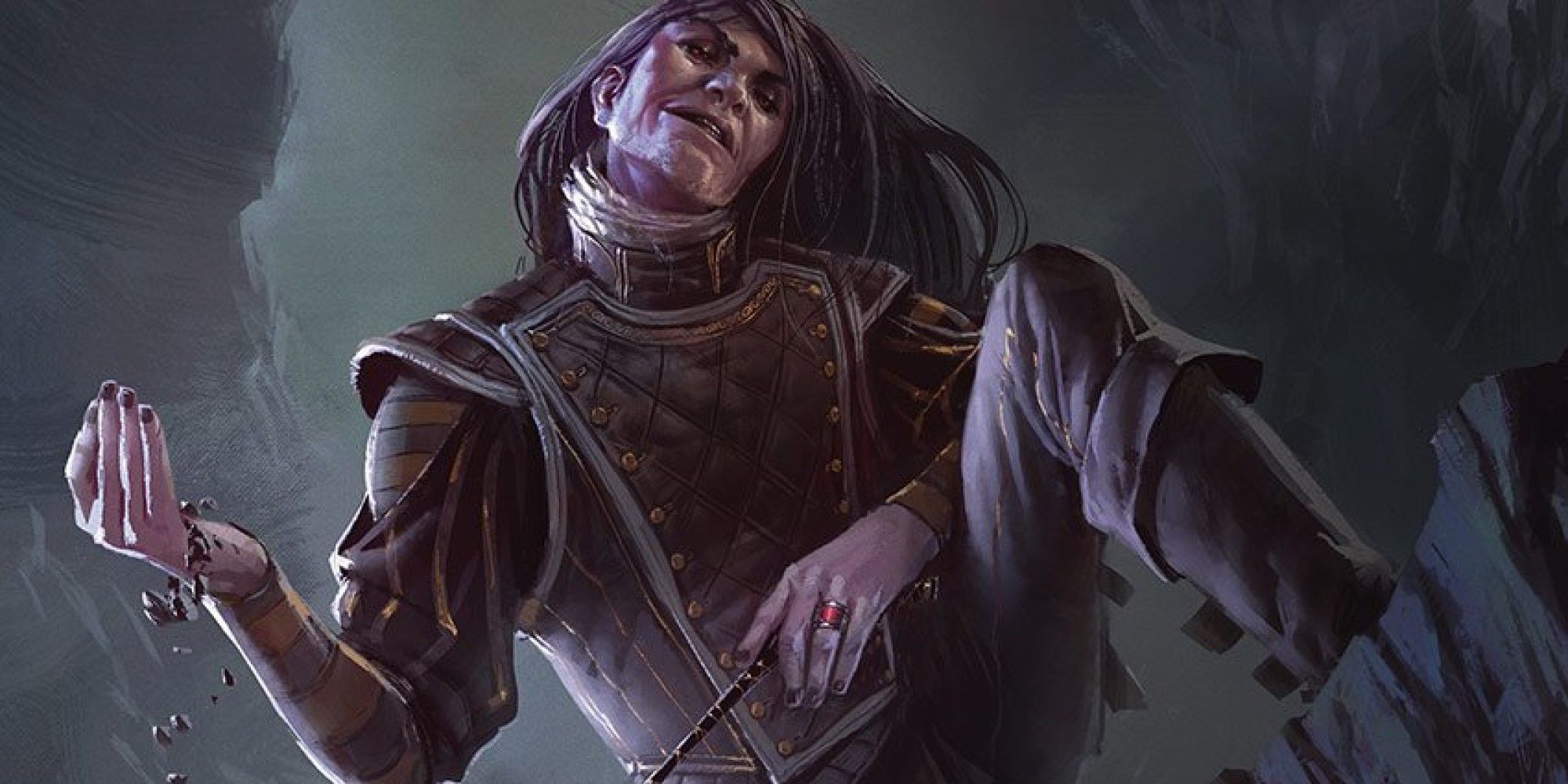 MTG A crafty-looking mage standing on a ledge, a ruby ring on his left hand