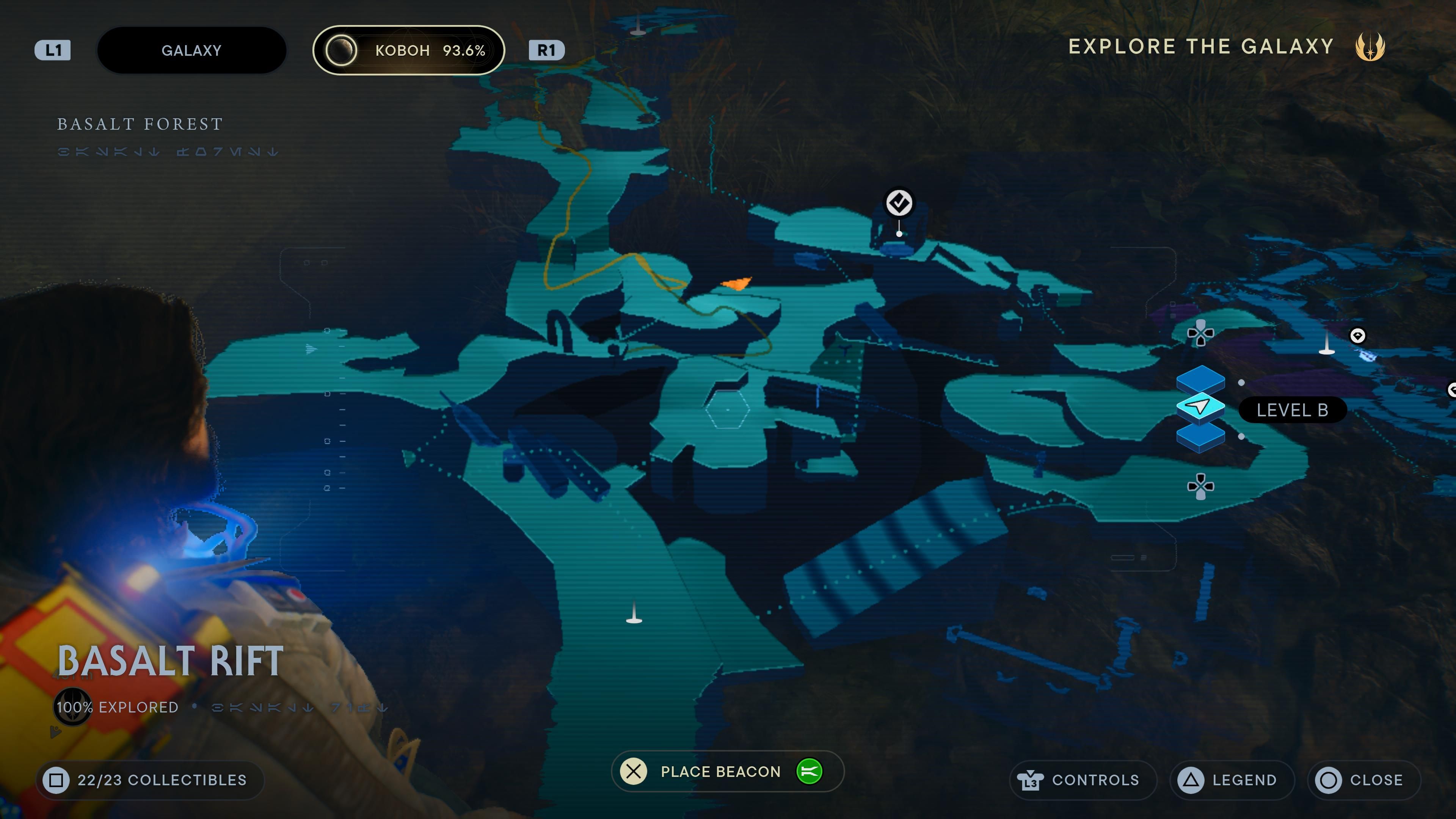 Map location of a BD-1 scan near a waterfall in the Basalt Rift in Jedi Survivor