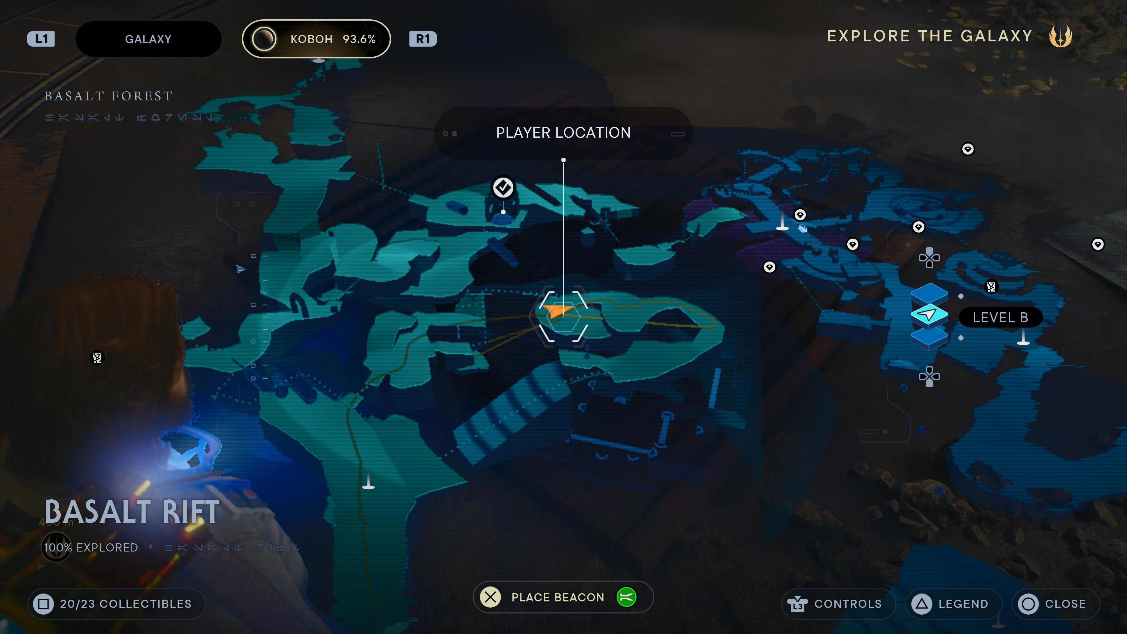 Map location of a Force Echo in a cave in the Basalt Rift in Jedi Survivor