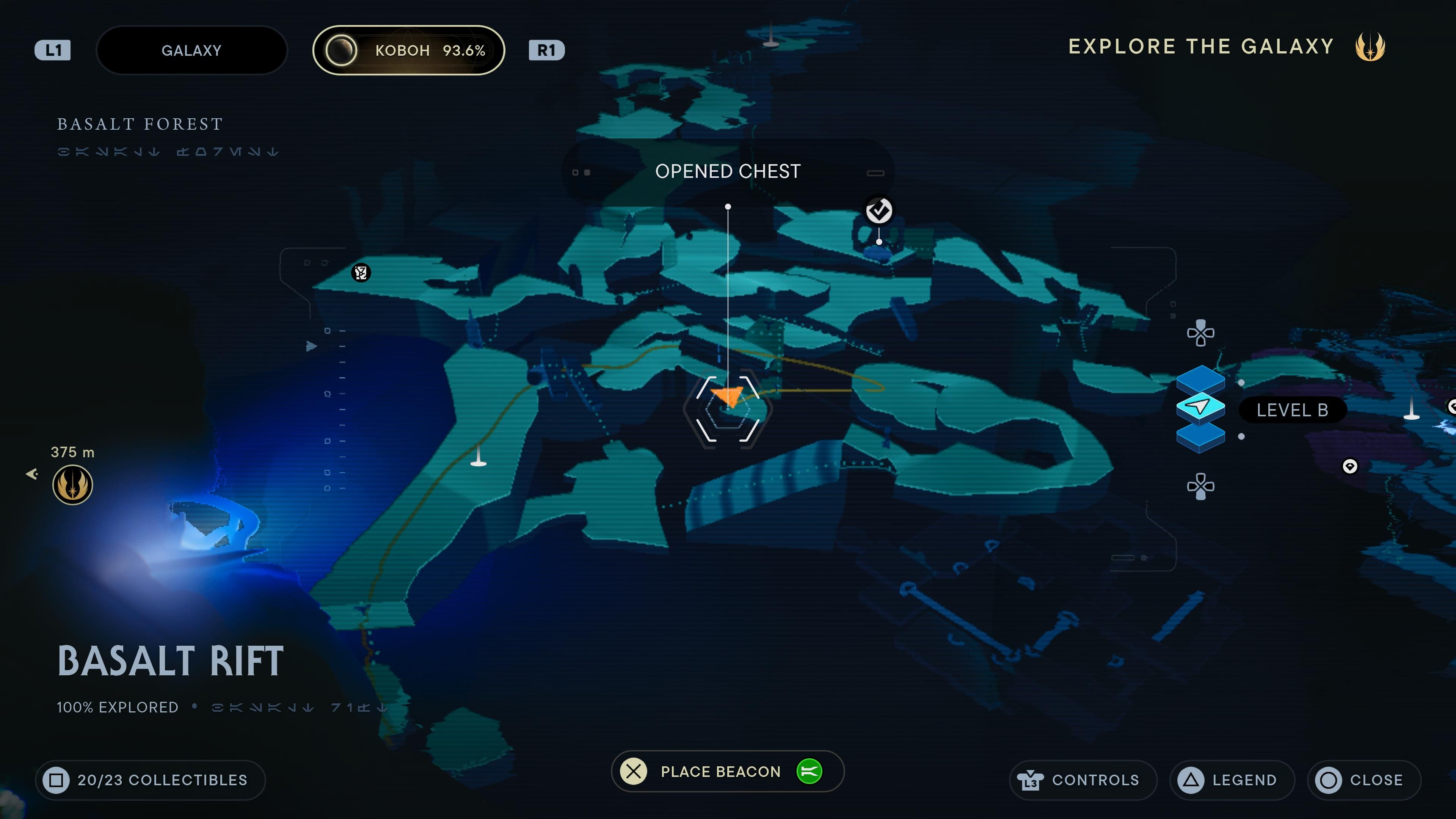 Map location of a hidden chest in Basalt Rift in Jedi Survivor