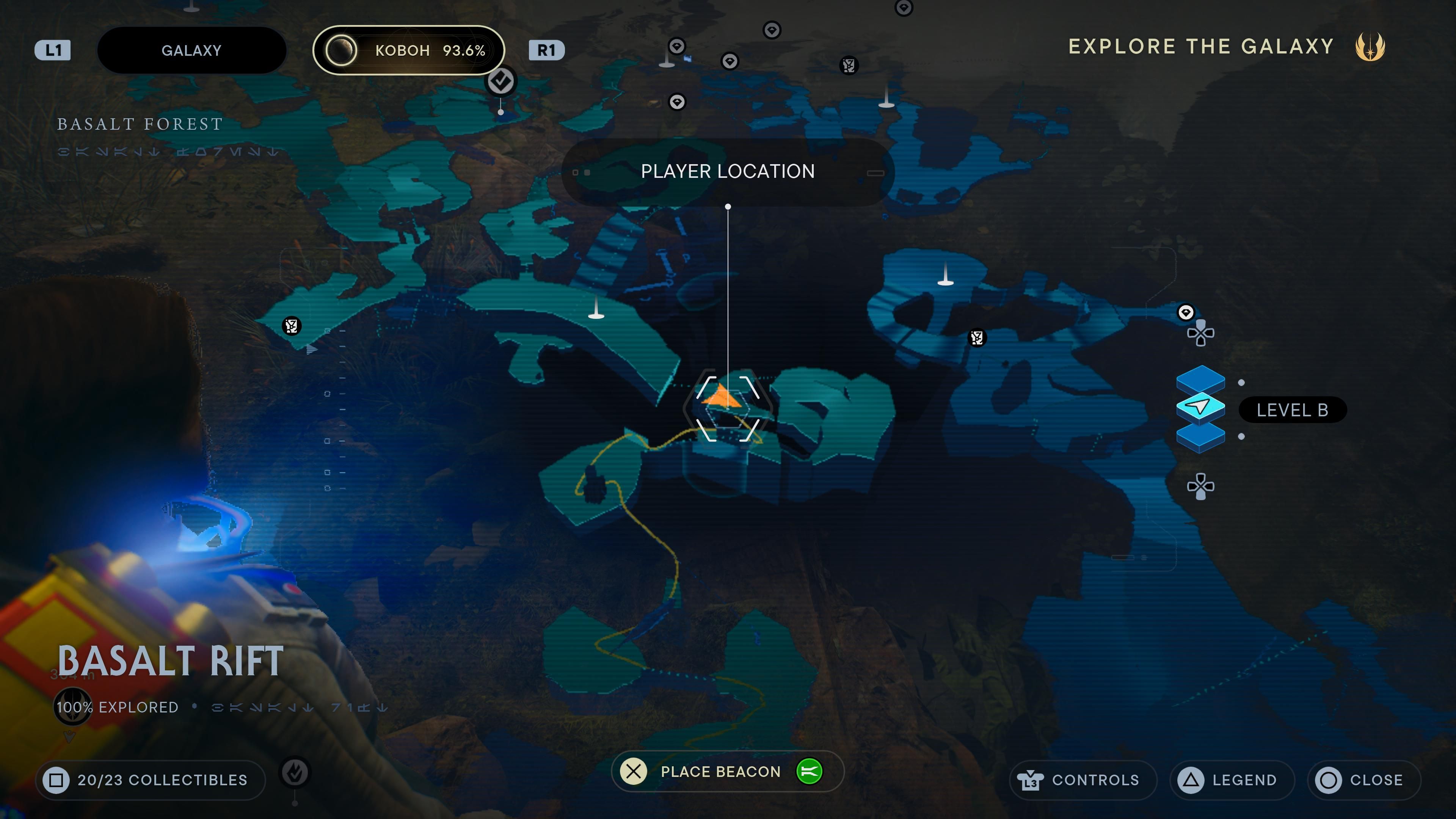 Map location of a hidden priorite shard in the Basalt Rift in Jedi Survivor