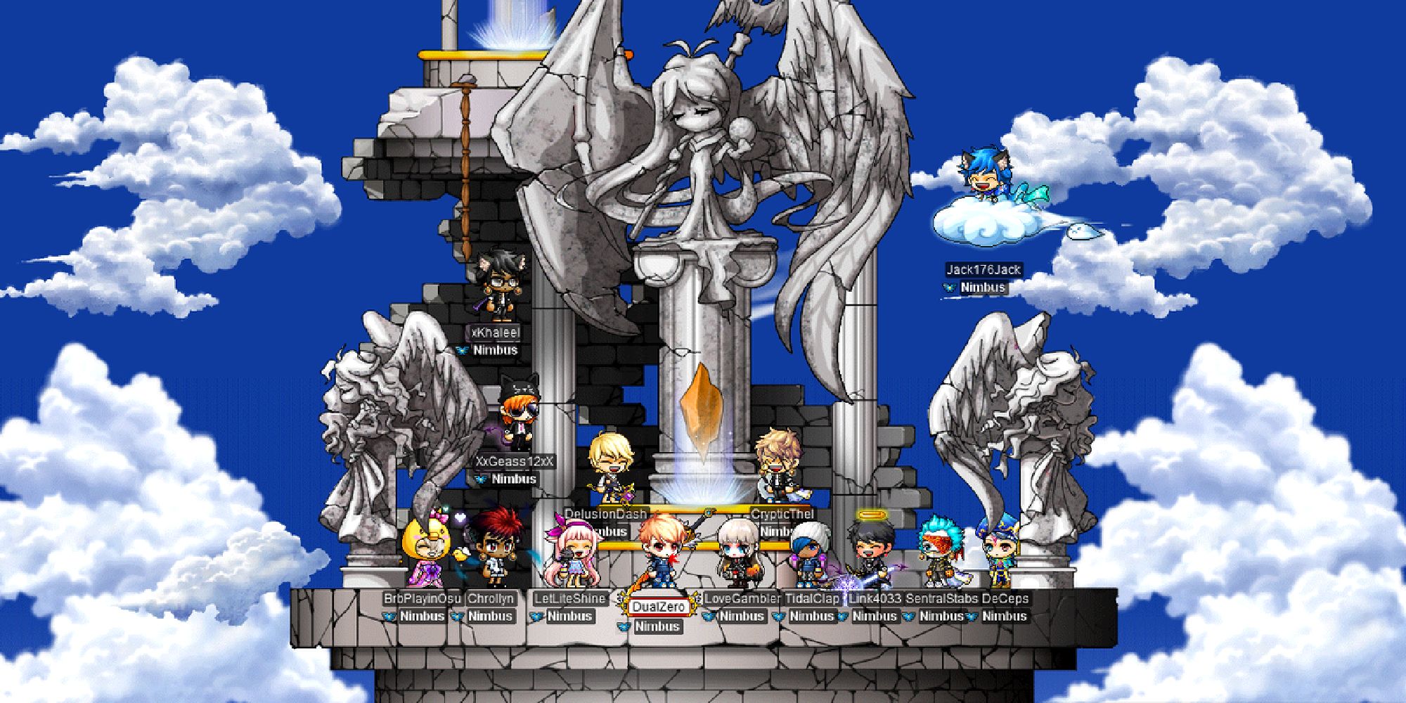 maplestory guild on floating column with several players