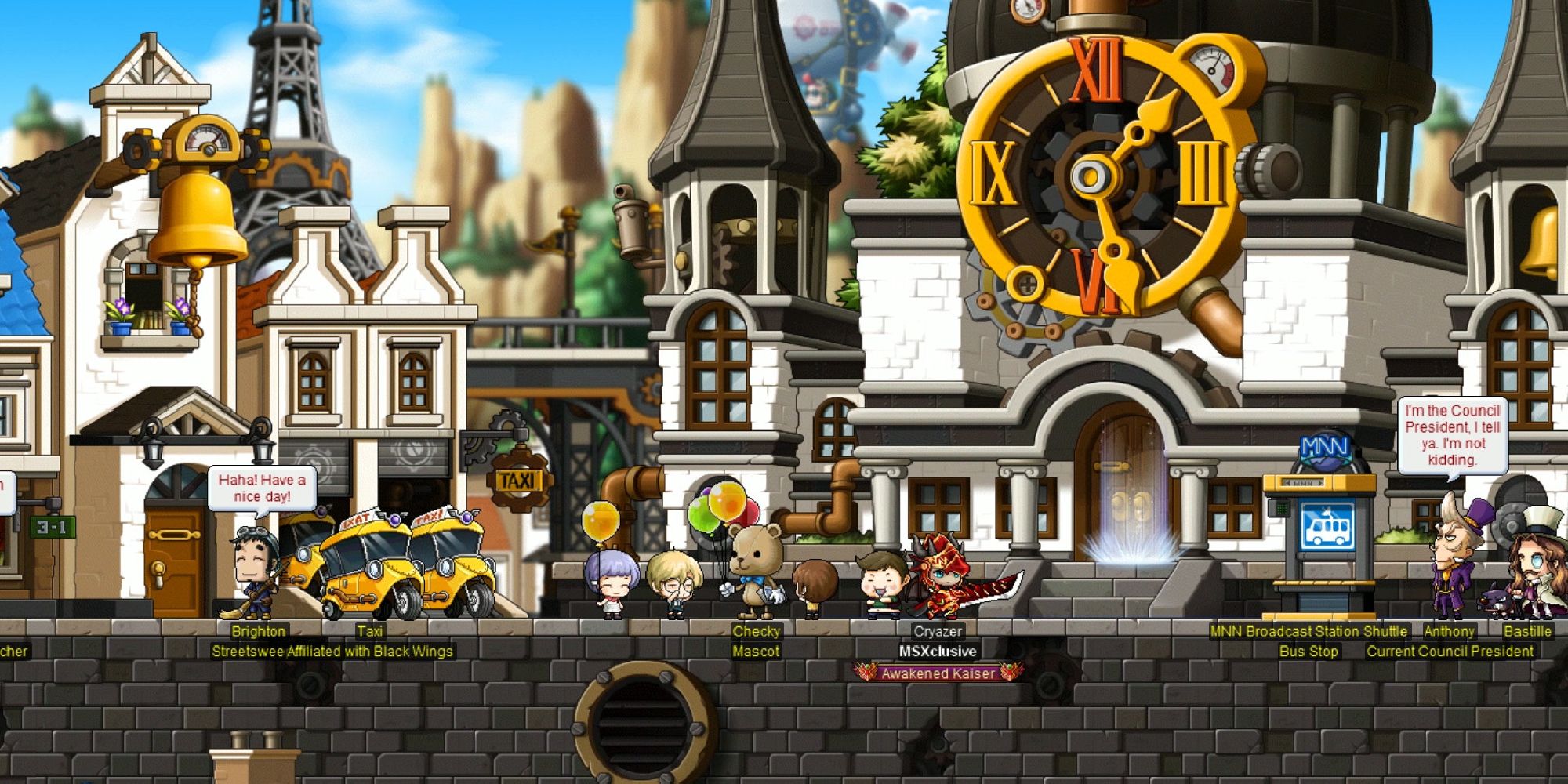 maplestory player standing in town with vendor NPCs