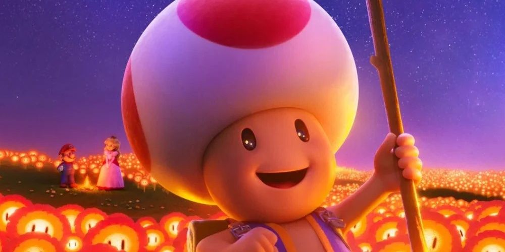 Toad walks in a field of fire flowers Super Mario Bros Movie