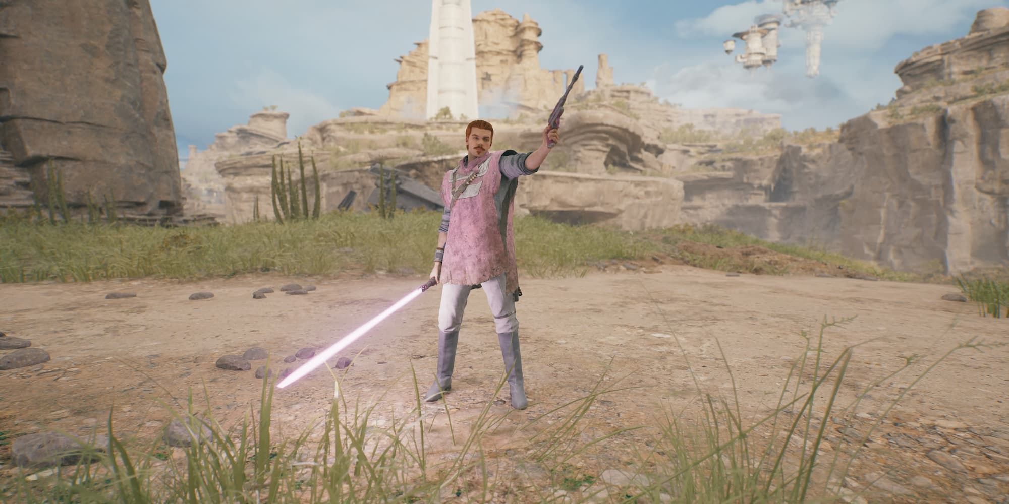 Cal Kestis points his blaster with one hand and holds a lightsaber in the other in Star Wars Jedi: Survivor.