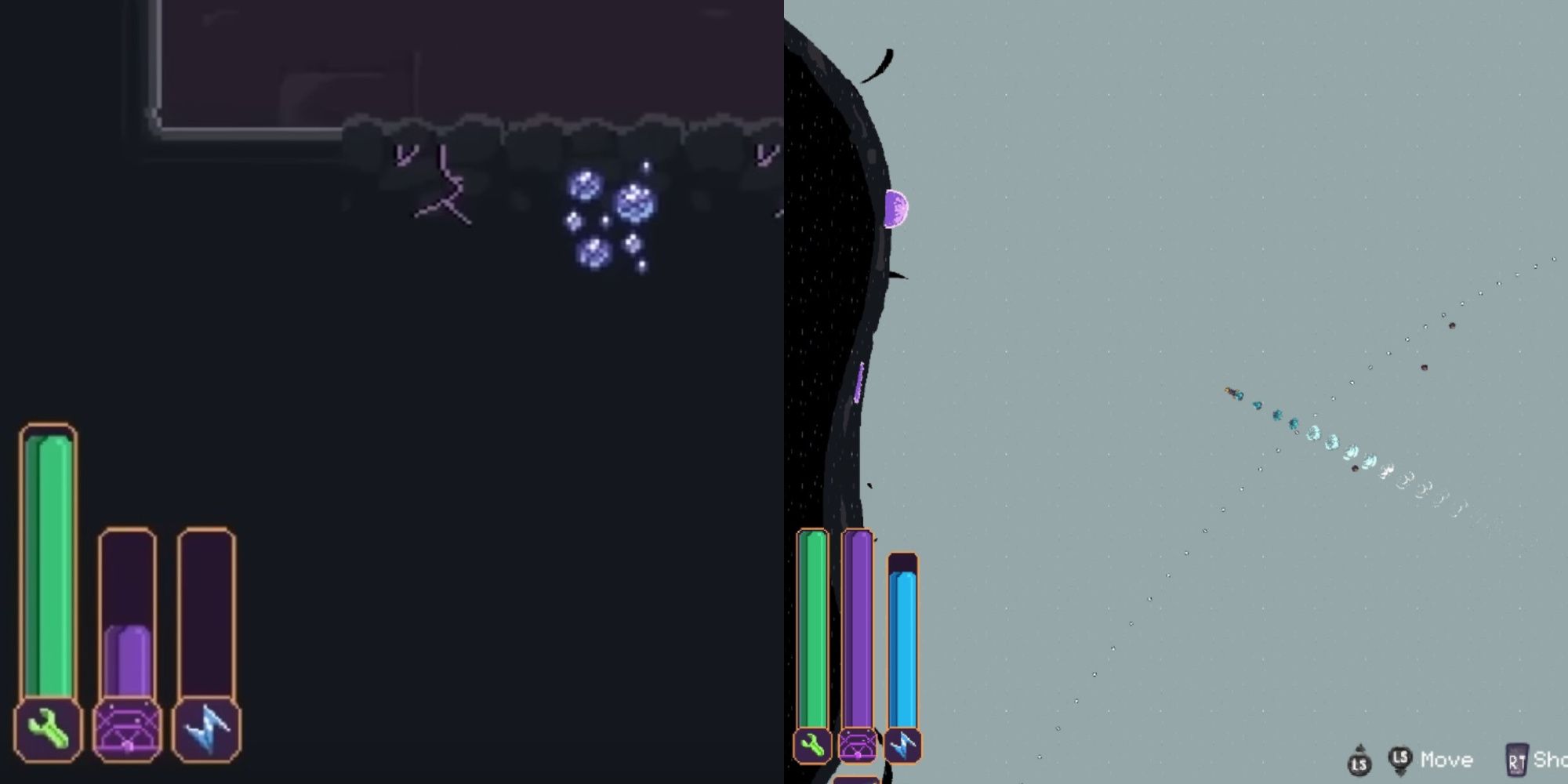 Close-ups of the Hull, monster wave timer, and shield gauges at the beginning of the game (left) and with all base upgrades purchased (right)