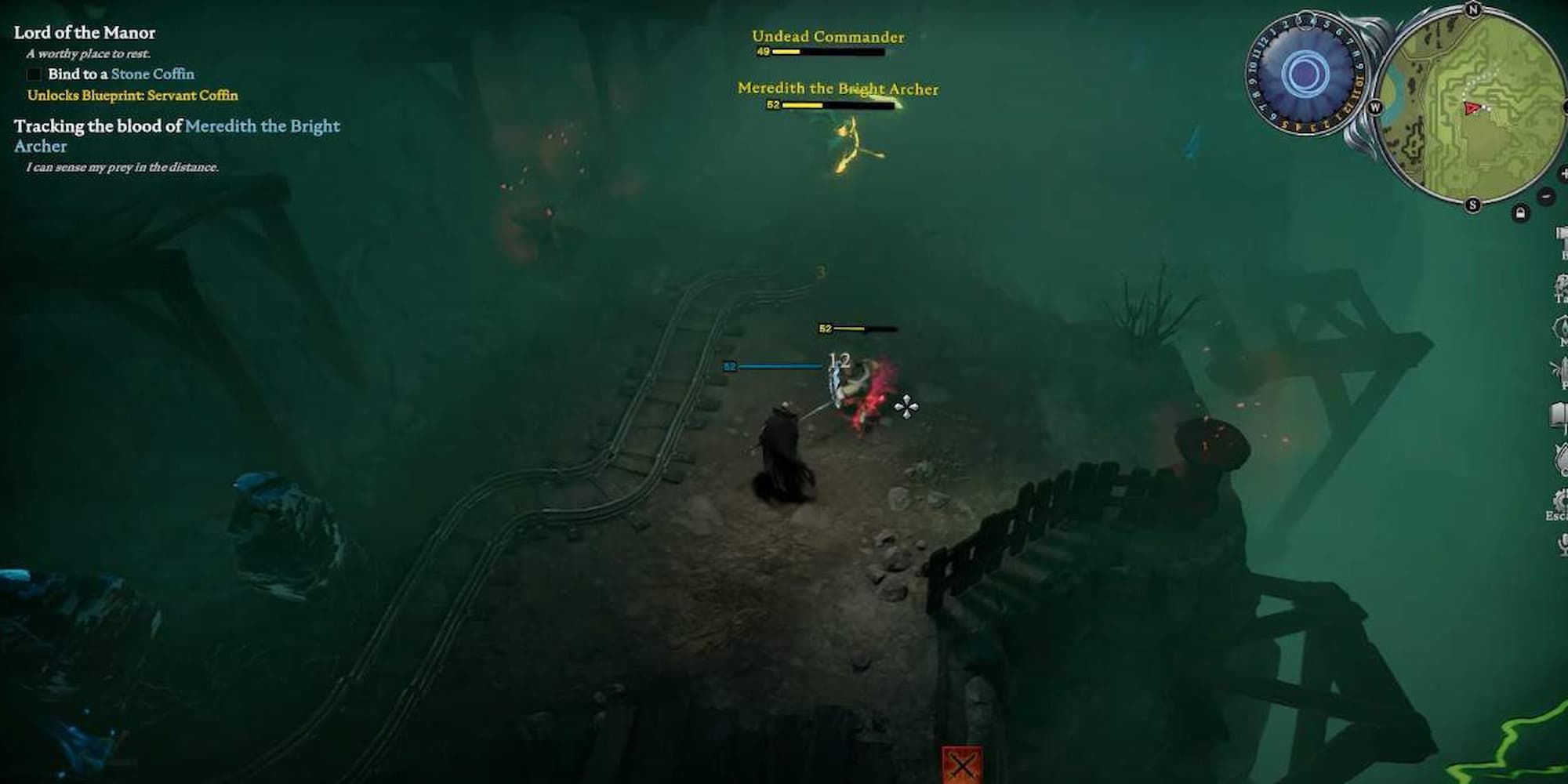 A player encounters an enemy as he approaches Meredith The Bright Archer fighting an Undead Commander in V Rising.