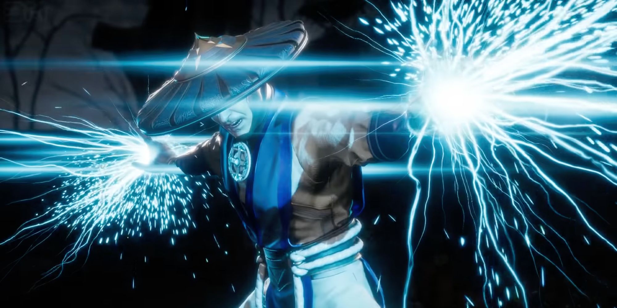 Raiden from Mortal Kombat shooting thunder bolts from his hands