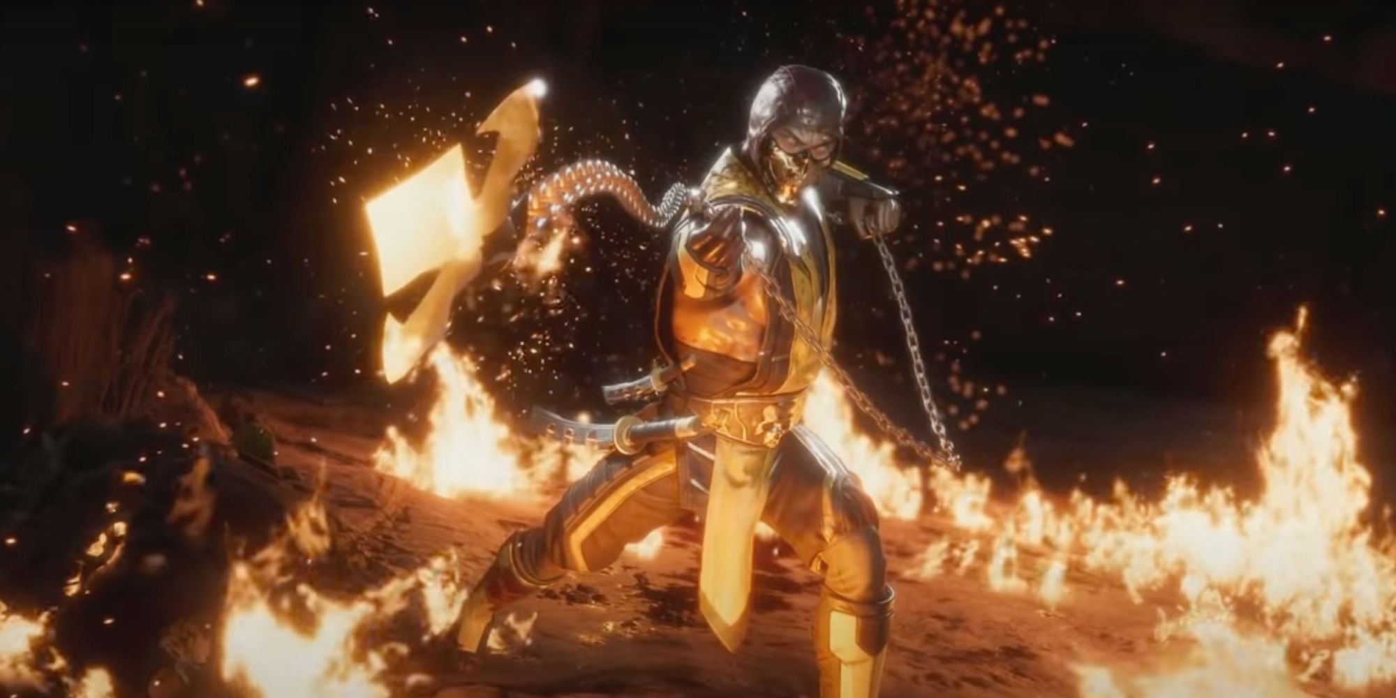 Scorpion from Mortal Kombat with his legendary Chain Kunai surrounded by fire 