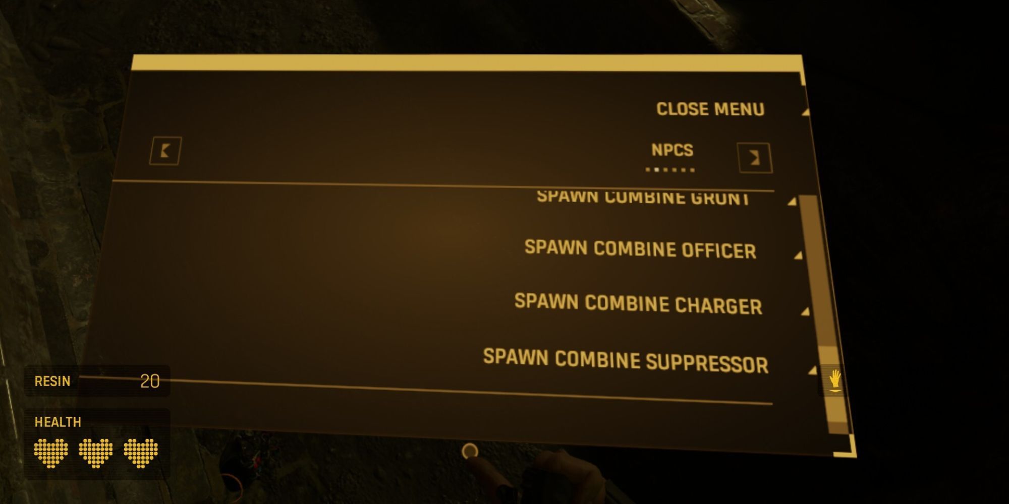 Half-Life: Alyx - modded screenshot shows a spawn menu with several options