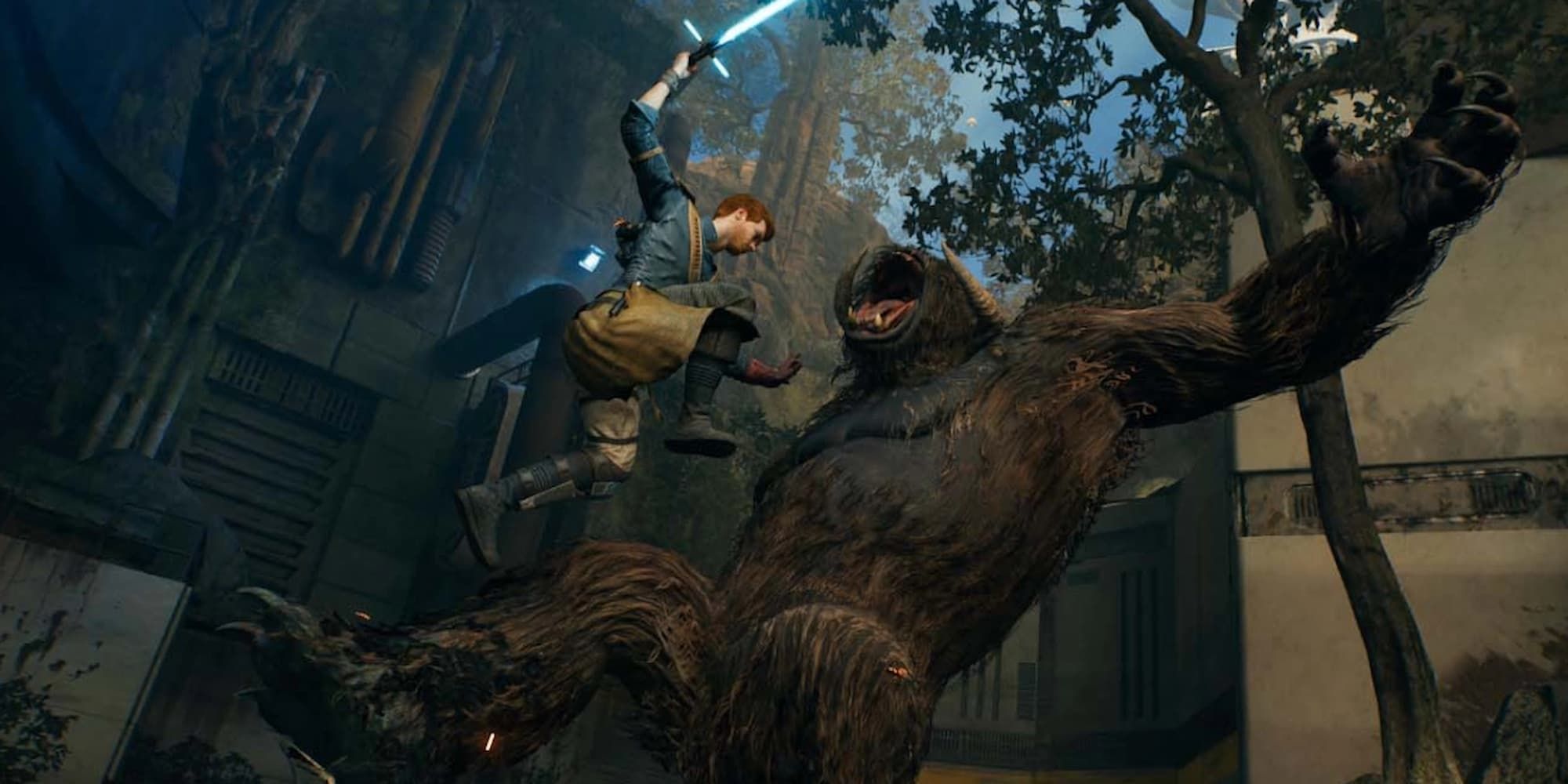 Cal Kestis leaps to bring his lightsaber down into the chest of a Mogu in Star Wars Jedi: Survivor.