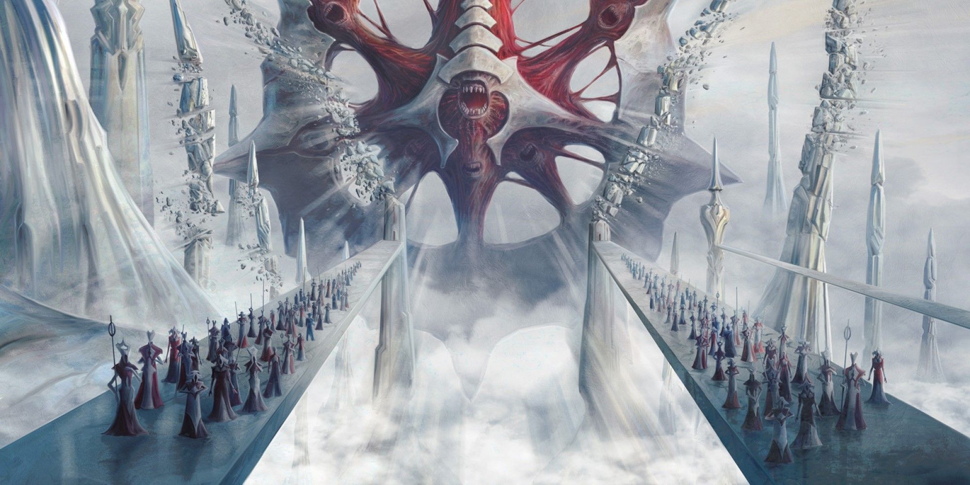 MTG An army of Phyrexians walking away from a horror in the background