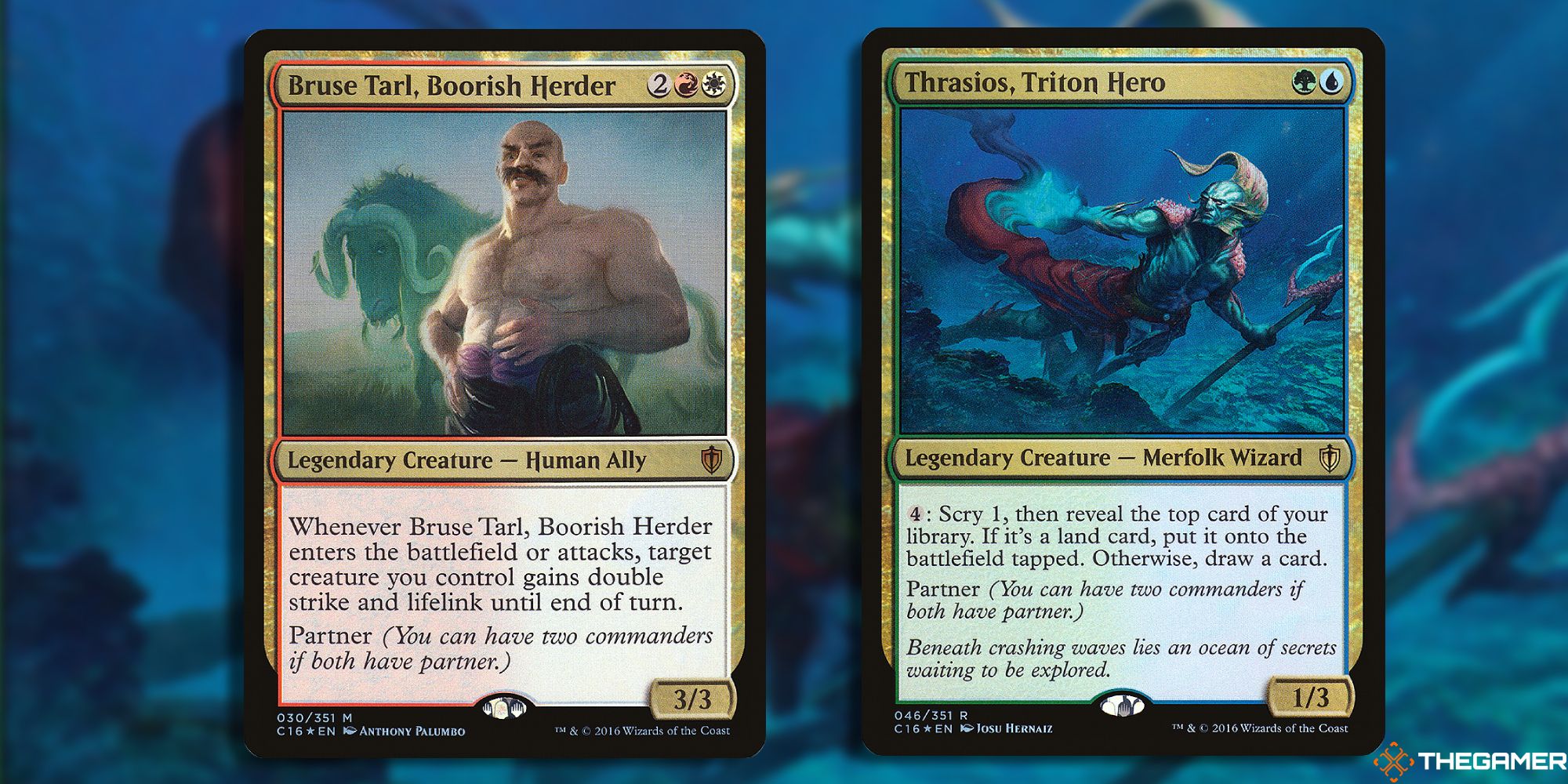 Image of the Bruse Tarl, Boorish Herder and Thrasios, Triton Hero card in Magic: The Gathering, with art by Anthony Palumbo and Josu Hernaiz