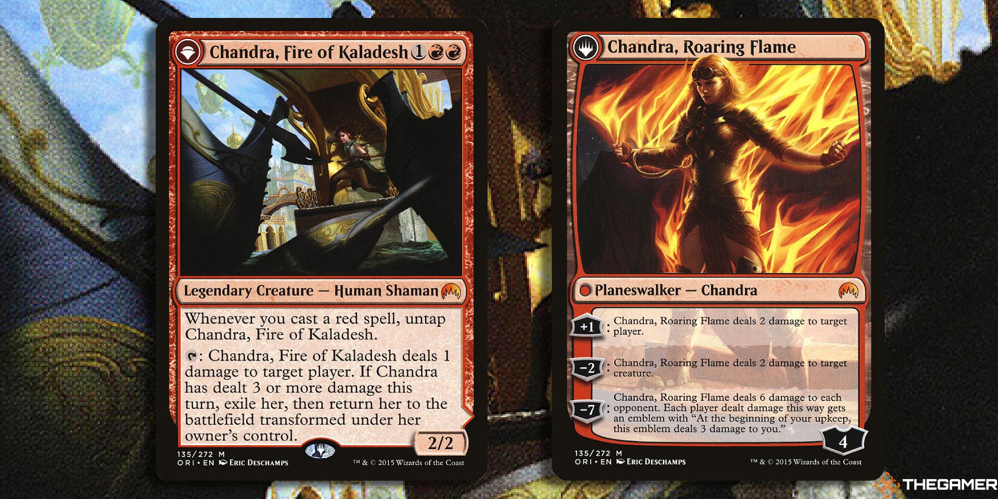 Image of the Chandra, Fire of Kaladesh and Chandra, Roaring Flame  card in Magic: The Gathering, with art by Eric Deschamps