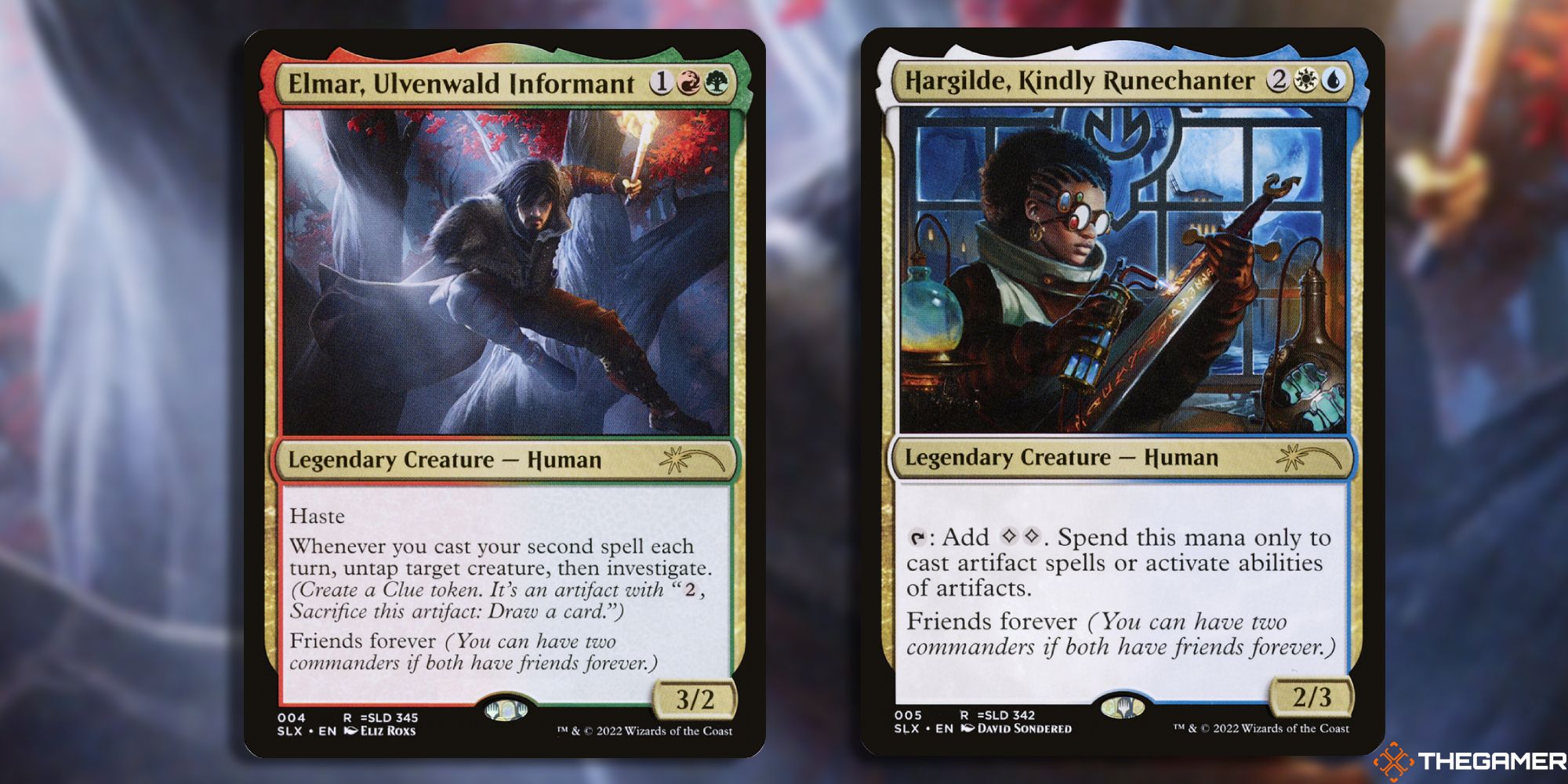 Image of the Elmar, Ulvenwald Informant and Hargilde, Kindly Runechanter card in Magic: The Gathering, with art by Eliz Roxs and David Sondered-1