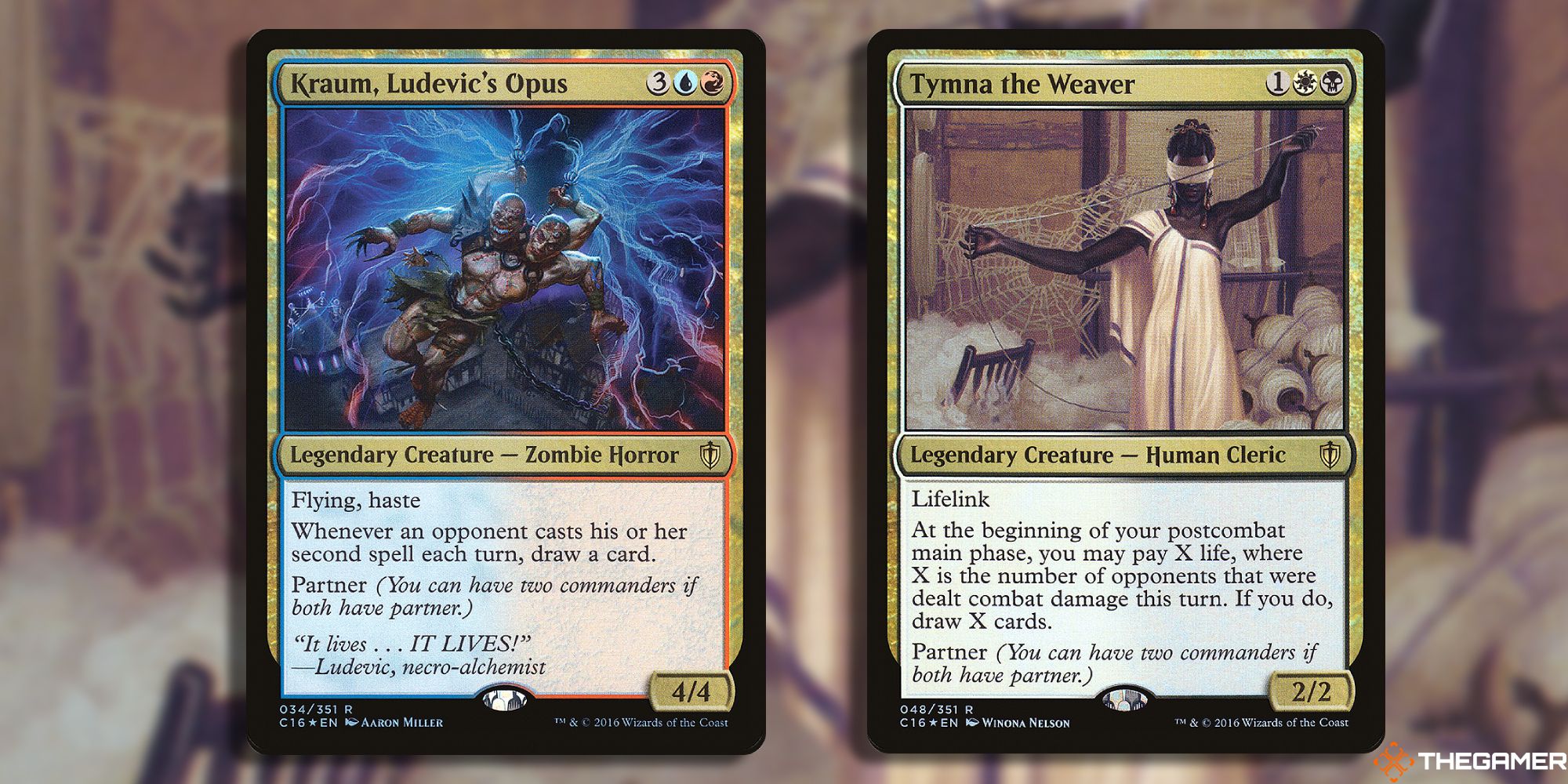 Image of the Kraum, Ludevic's Opus and Tymna the Weaver card in Magic: The Gathering, with art by Aaron Miller and Winona Nelson