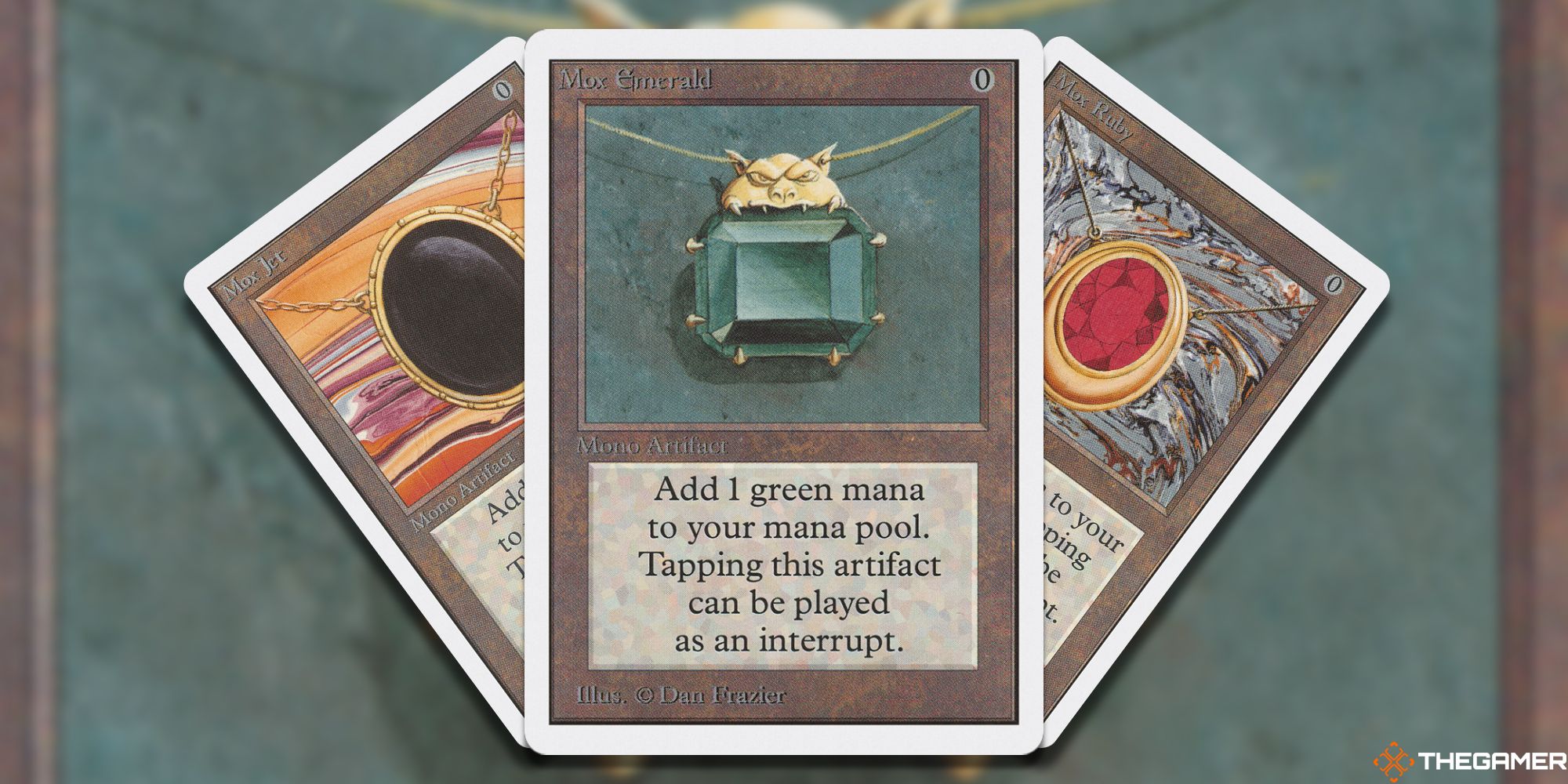 Image of the Mox Emerald Mox Jet and Mox Ruby card in Magic: The Gathering, with art by Dan Frazier