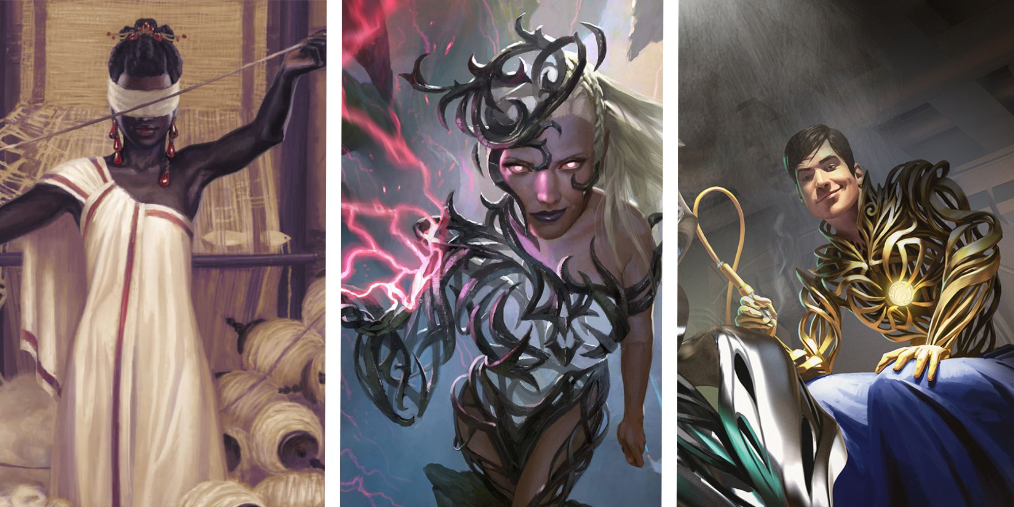 A collage featuring Non Green Commander Tymna, Breya, and Silas Renn from Magic: The Gathering.