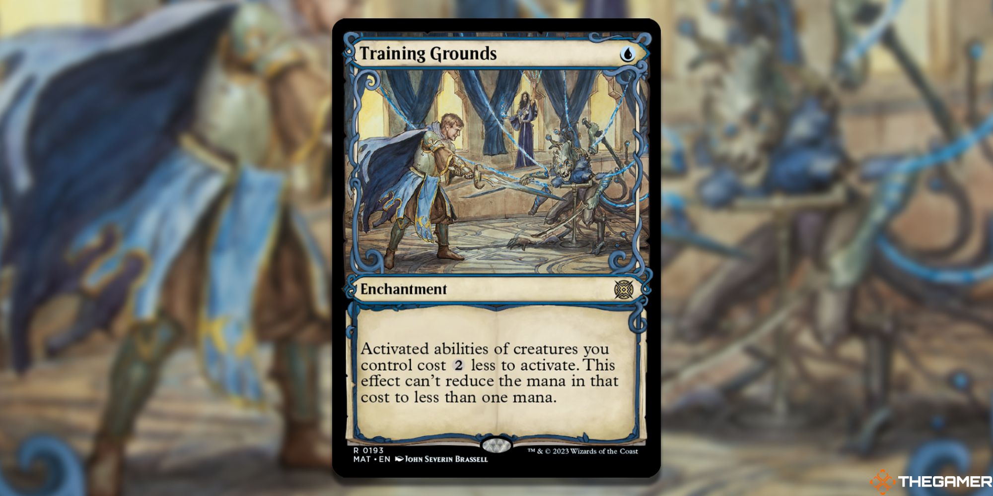 Image of the Training Grounds card in Magic: The Gathering, with art by John Severin Brassell