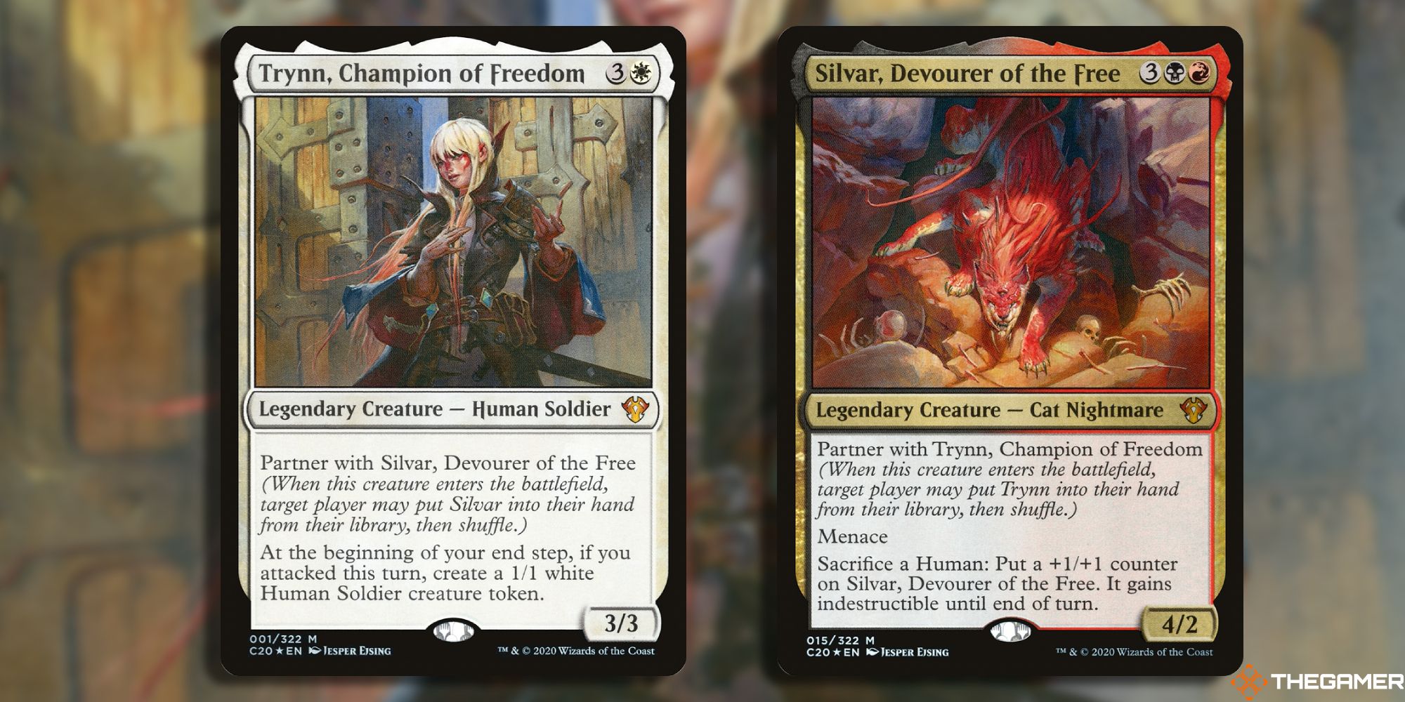 Image of the Trynn, Champion of Freedom and Silvar, Devourer of the Free cards in Magic: The Gathering, with art by Jesper Eising