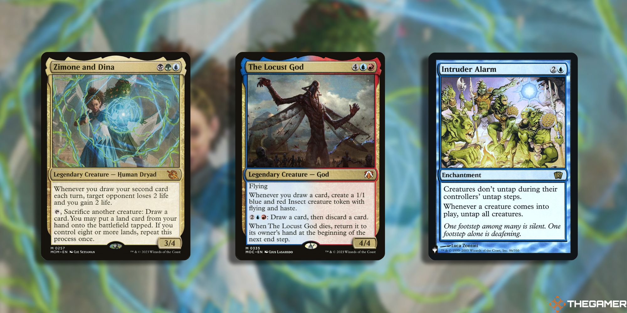 MTG Zimone and Dina, The Locust God, and Intruder Alarm