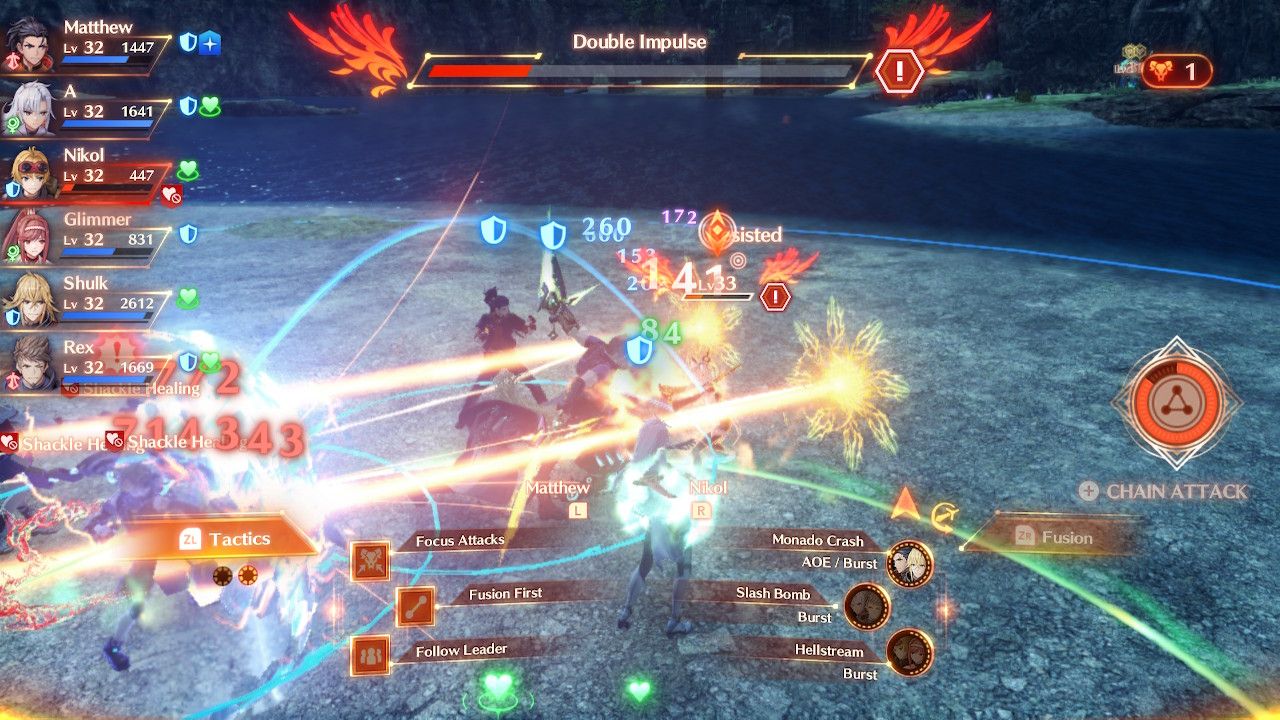 Na'el/Alpha uses the Double Impulse Art against A, Matthew, Rex, Nikol, Shulk, and Glimmer in Xenoblade Chronicles 3: Future Redeemed.