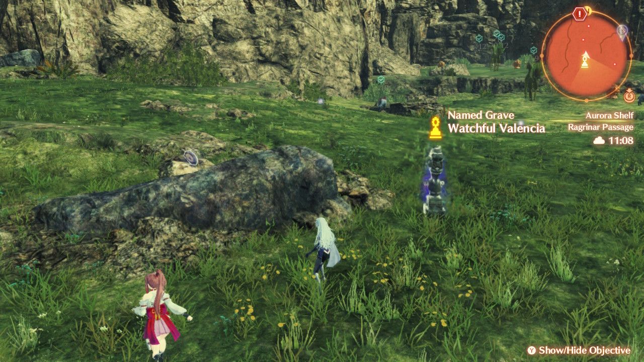 A and Glimmer standing near a fossil on the Aurora Shelf in Xenoblade Chronicles 3: Future Redeemed.