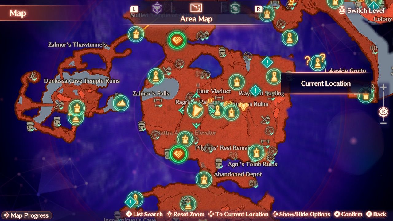 A map of the Aurora Shelf in Xenoblade Chronicles 3: Future Redeemed.