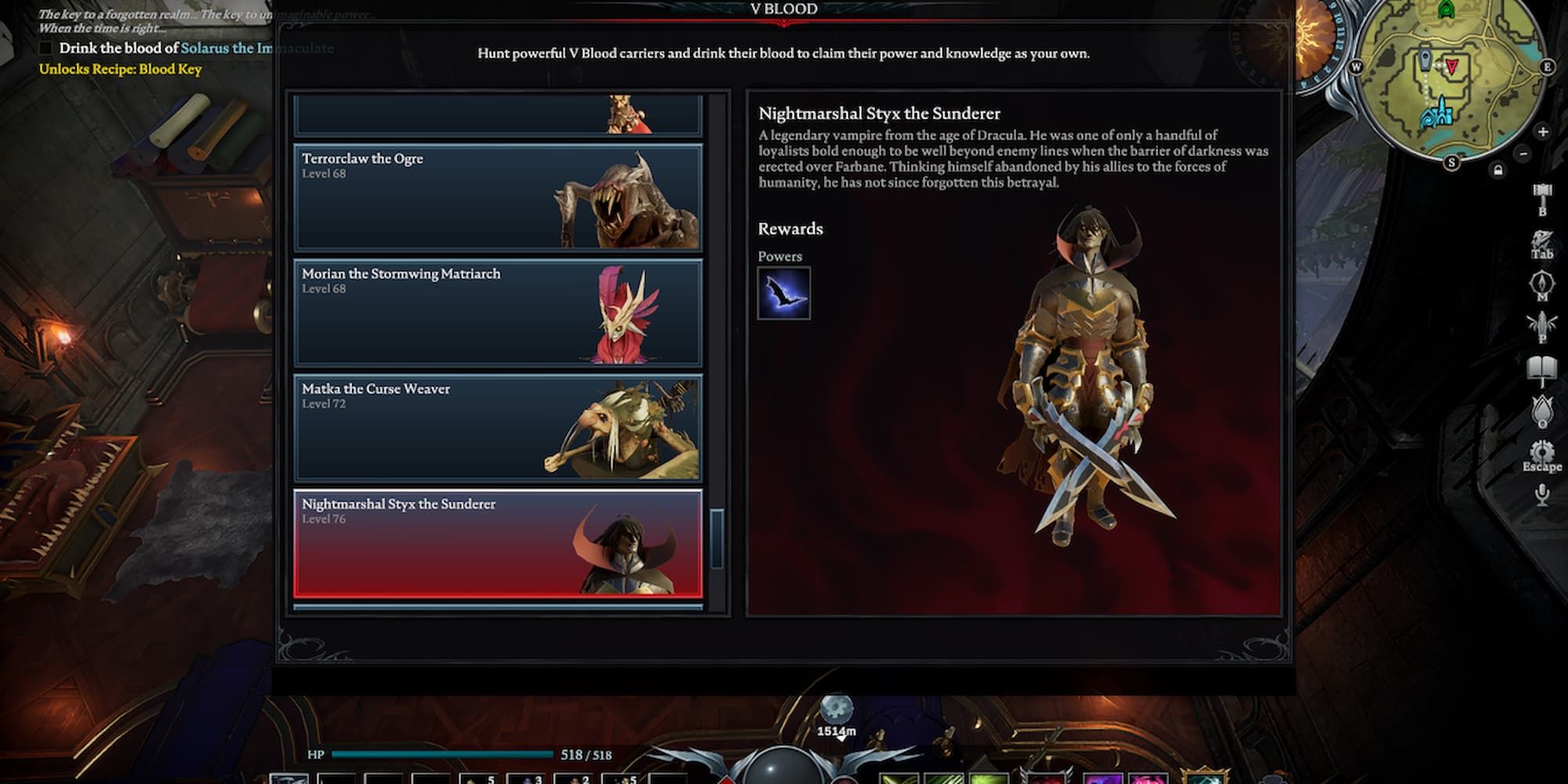 Nightmarshal Styx The Sunderer's V Blood tracking page in V Rising.