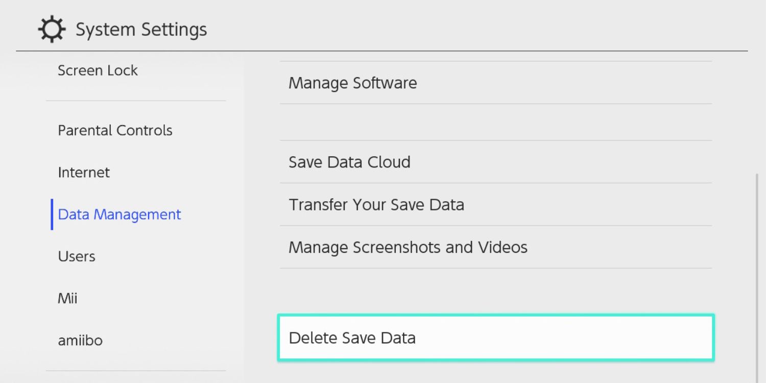Nintendo Switch settings - Delete Save Data