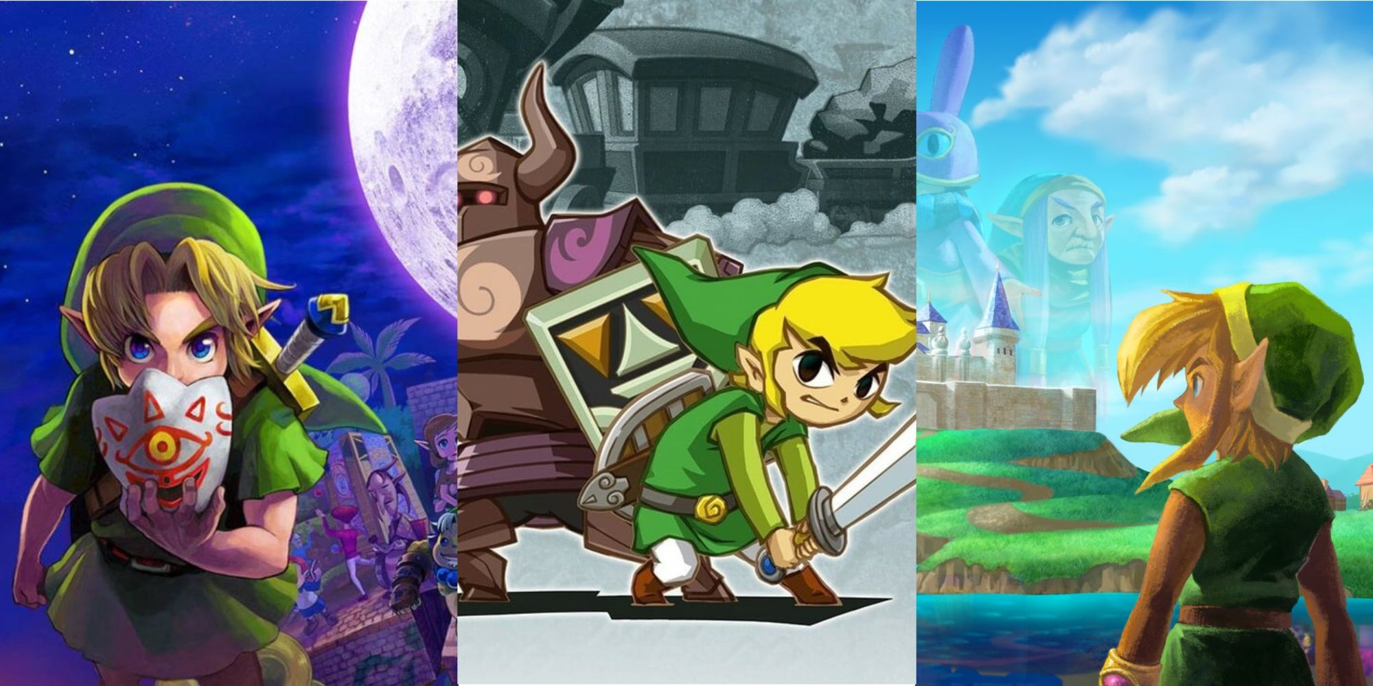 Link holding a mask from Majora's Mask, Link on the art of Spirit Tracks, and Link on the cover art of a Link Between Worlds