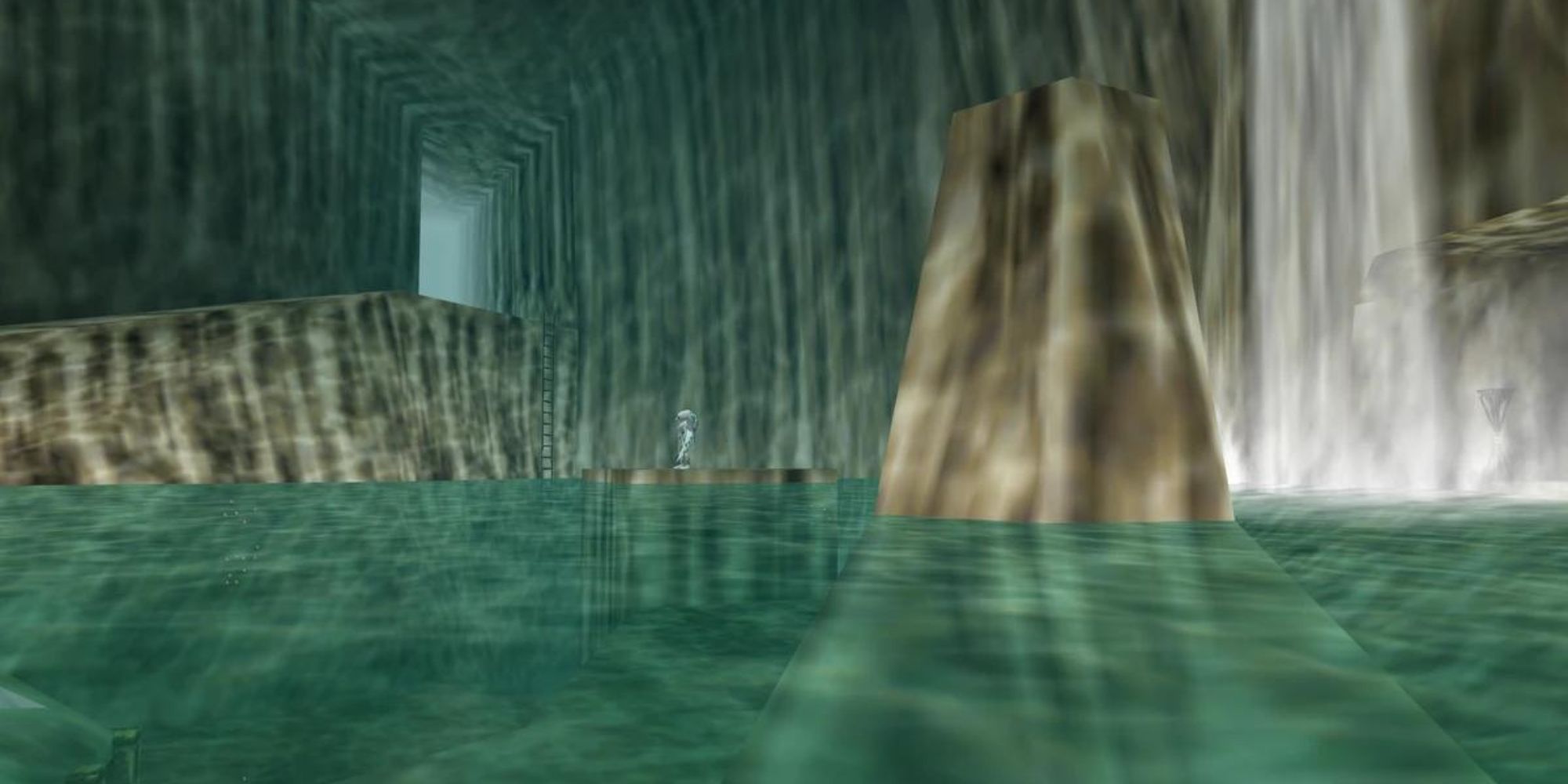 A Zora stands on a rock beside a waterfall in Zora's Domain In Ocarina of Time