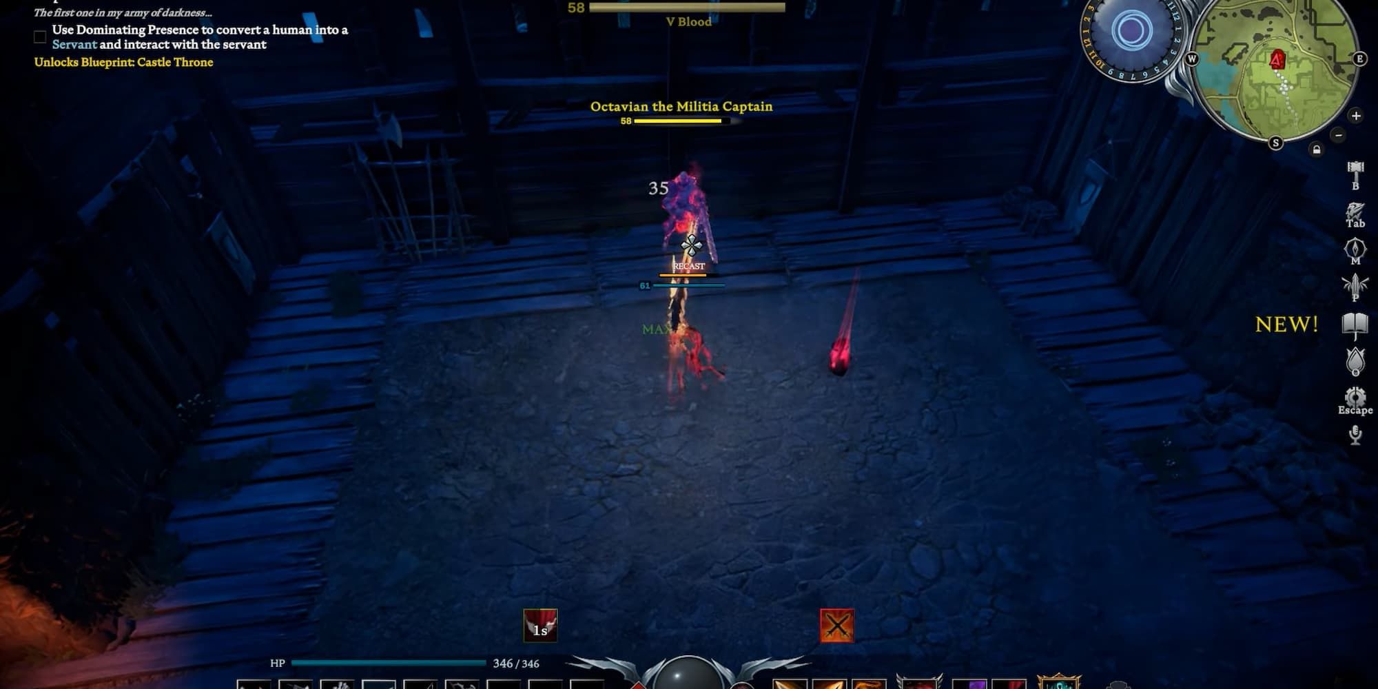 A player battles Octavian The Militia Captain in V Rising.