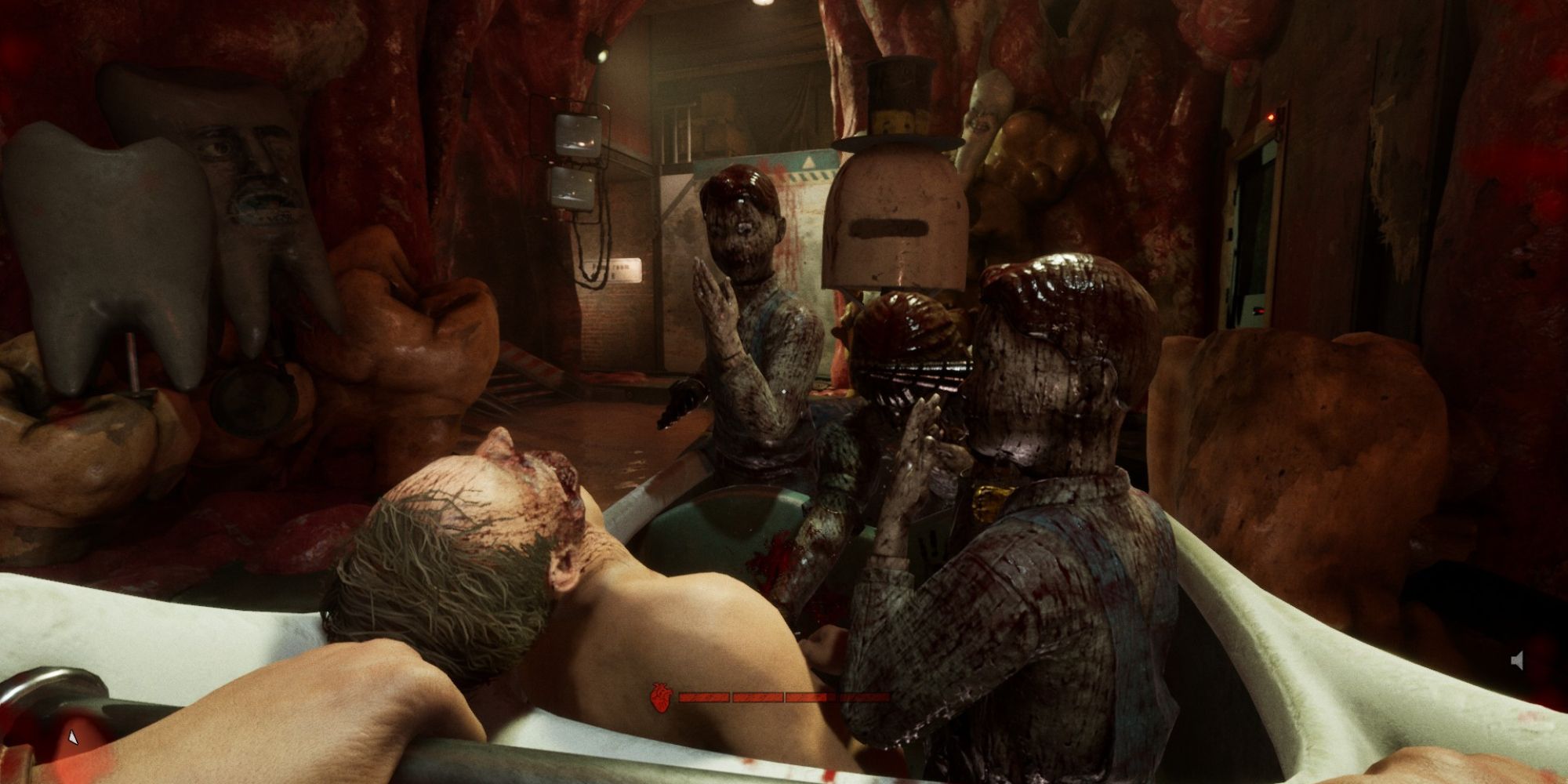 outlast trials pushing cart full of children mannequins in program 2 fun park