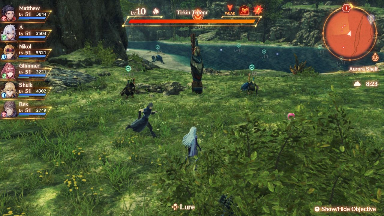 A and Rex in front of Tirkins and a Tirkin Totem in Xenoblade Chronicles 3: Future Redeemed.