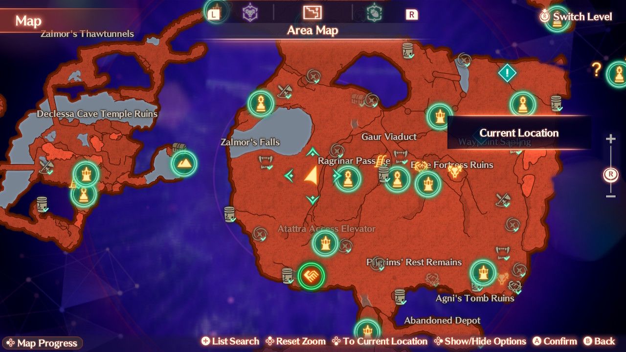 A map of the Aurora Shelf in Xenoblade Chronicles 3: Future Redeemed.