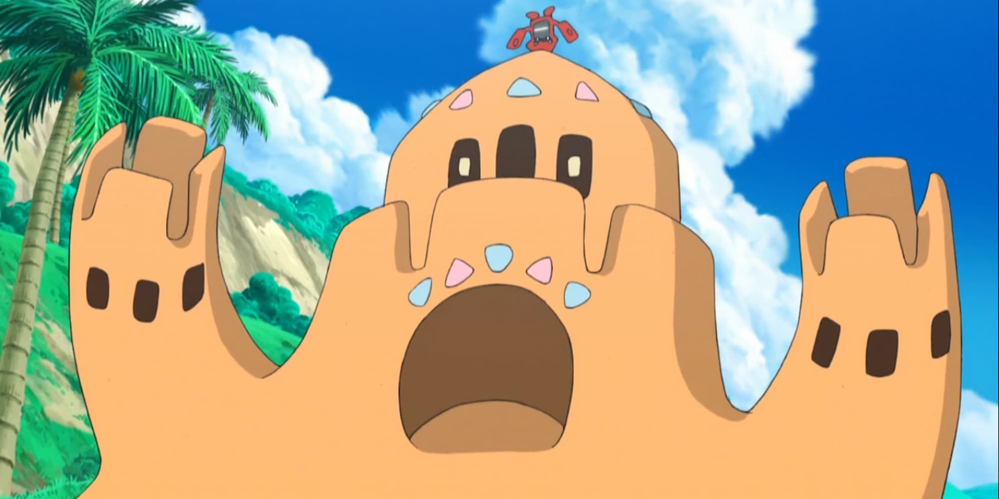 Palossand grows giant and roars on the beach in Pokemon.