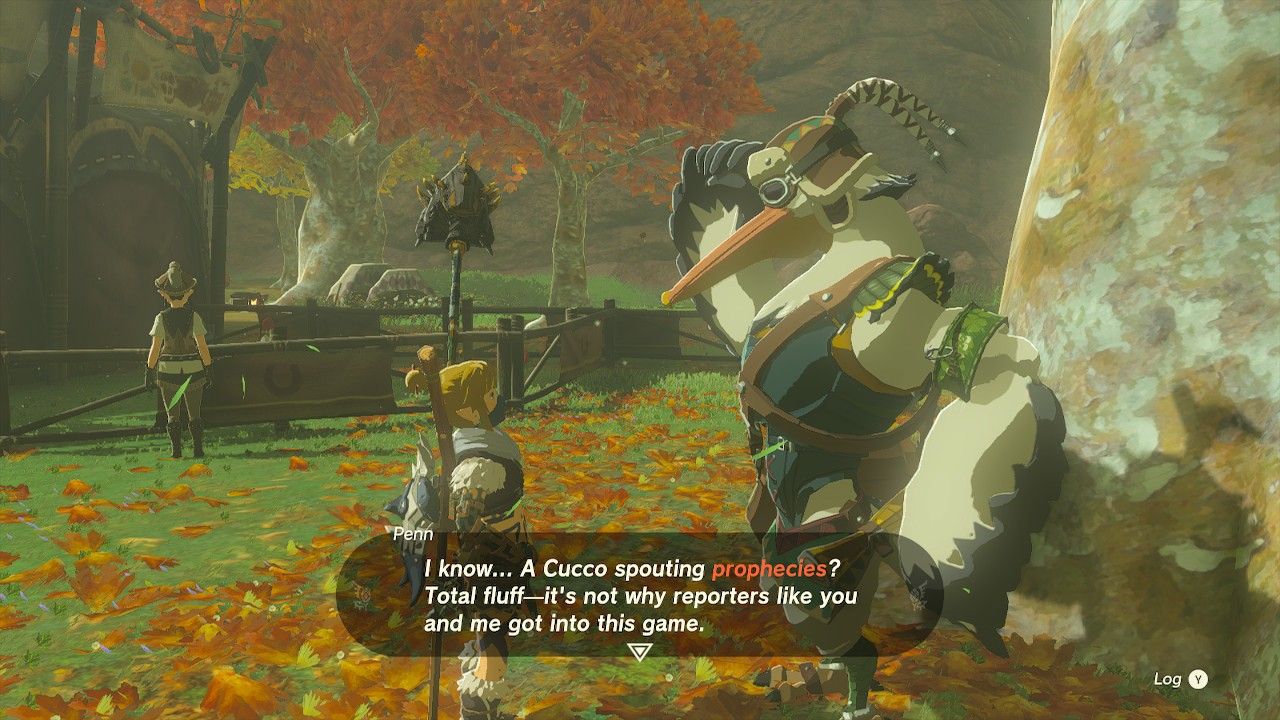 penn and link discussing the all knowing cucco potential princess sightings quest penn side adventure guide tears of the kingdom