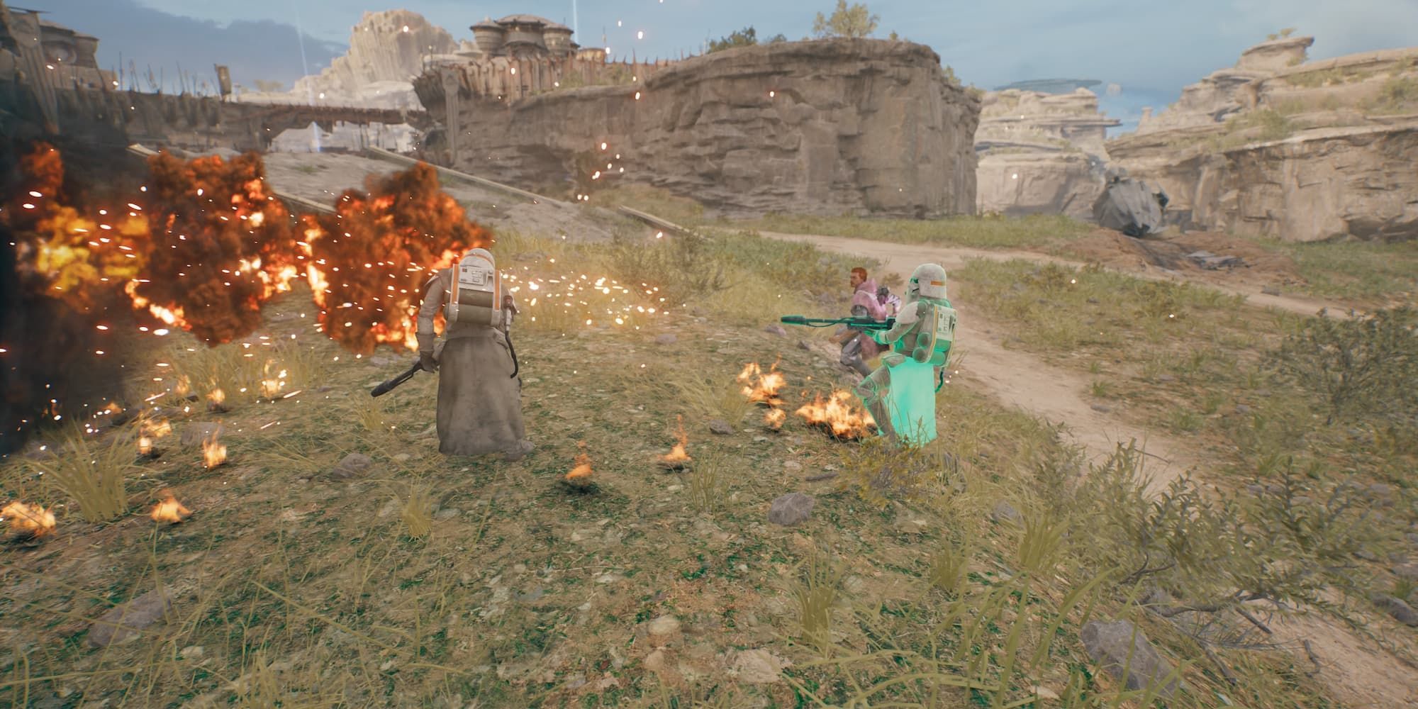 Cal Kestis uses a Jedi Mind Trick on a flame trooper that attacks his fellow flame trooper in Star Wars Jedi: Survivor.