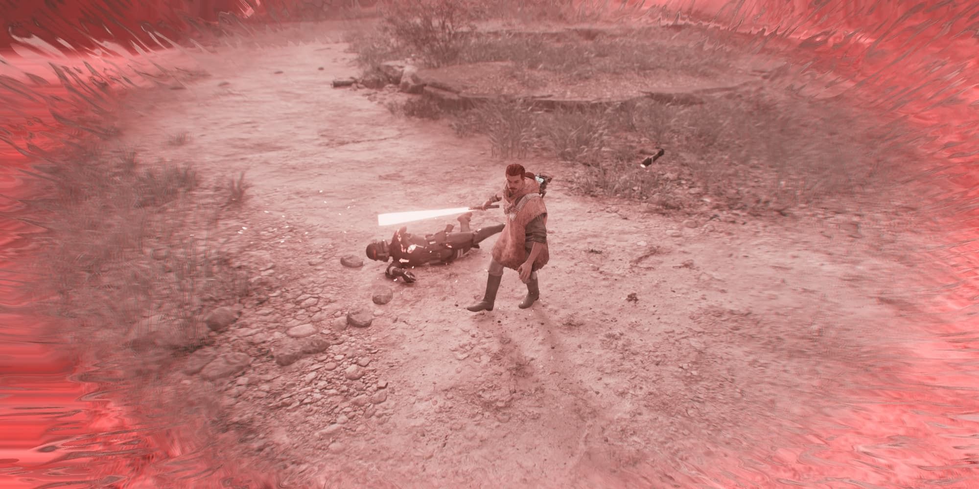 Cal Kestis walks away from a Purge Trooper after striking him down during his Slow ability in Star Wars Jedi: Survivor.