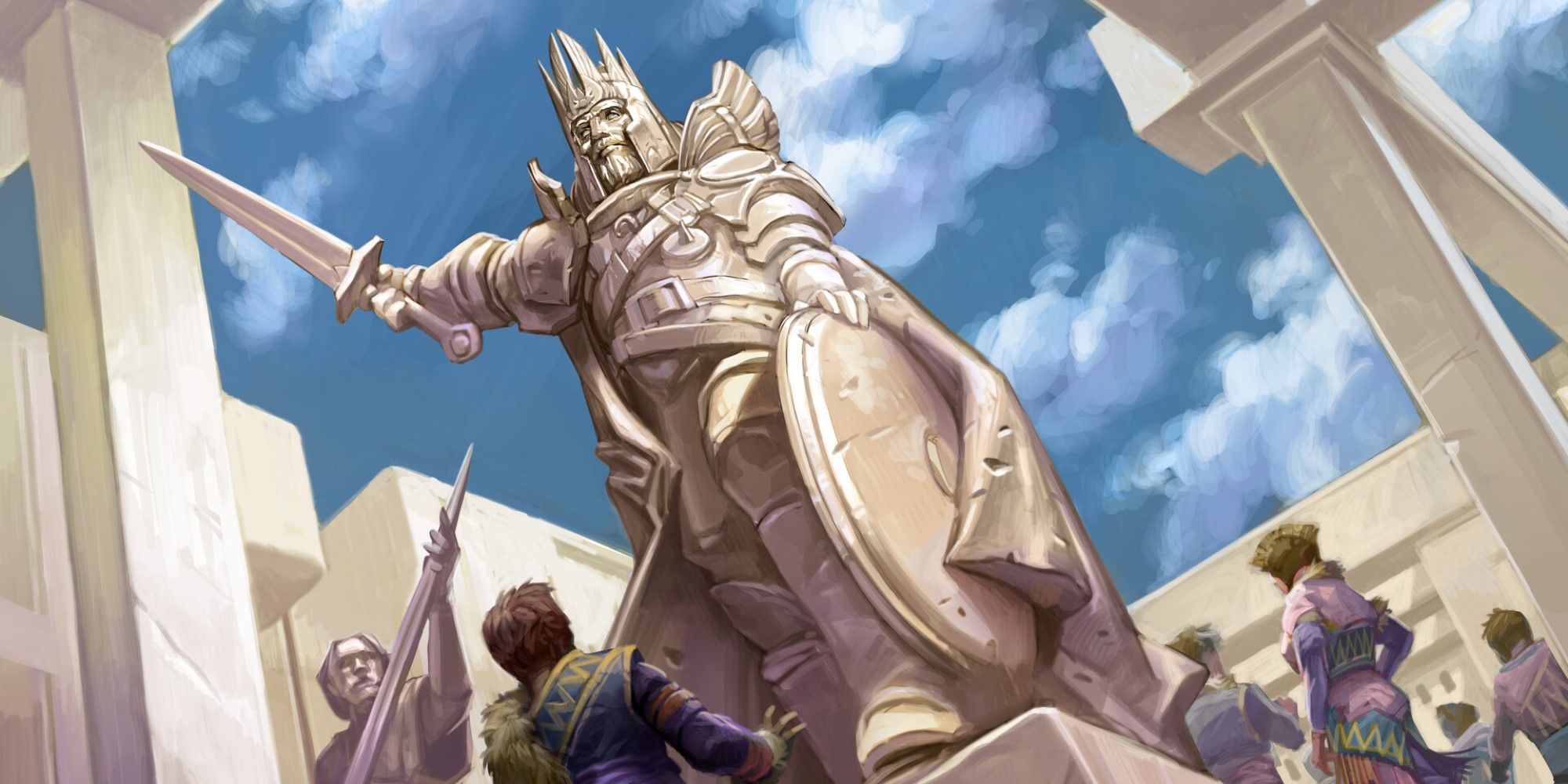 MTG people looking at a marble statue of a warrior