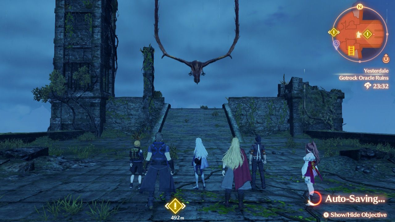 Nikol, Rex, A, Shulk, Matthew, and Glimmer standing in front of the Heidel Taos in Xenoblade Chronicles 3: Future Redeemed.
