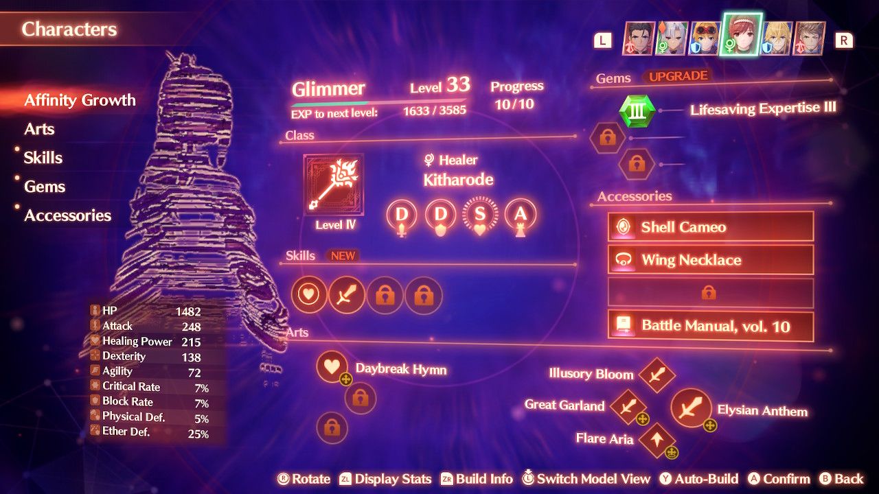 Glimmer in the Character screen, showing off her various equipment and gems in Xenoblade Chronicles 3: Future Redeemed.