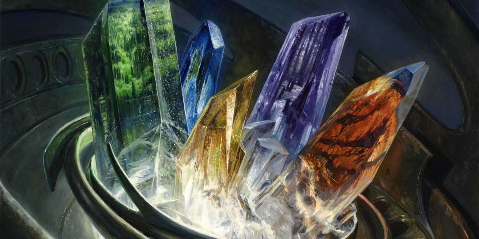 MTG Five coloured crystals held in a metal bowl